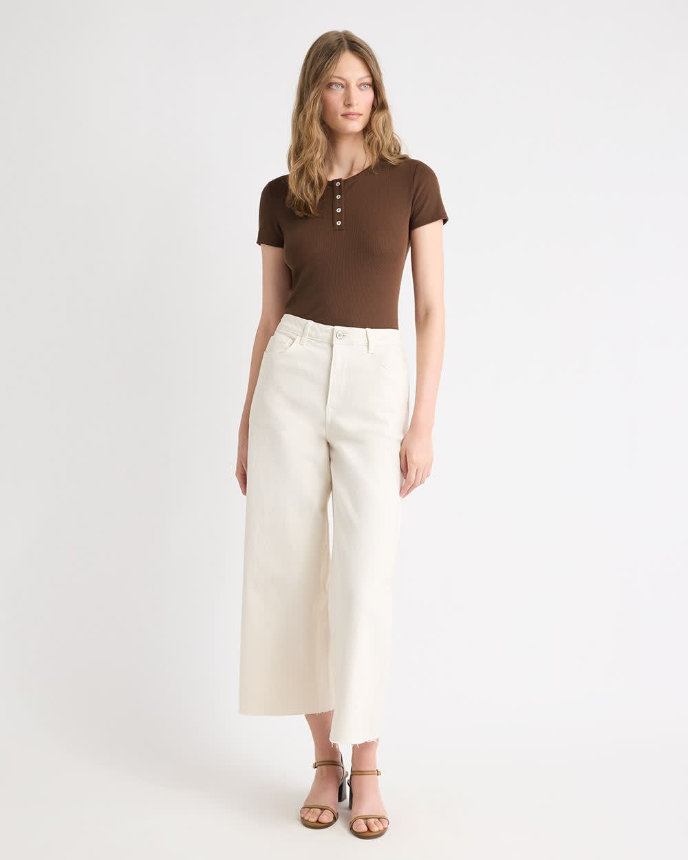 Short-Sleeve Ribbed Henley Top rw&co On Sale