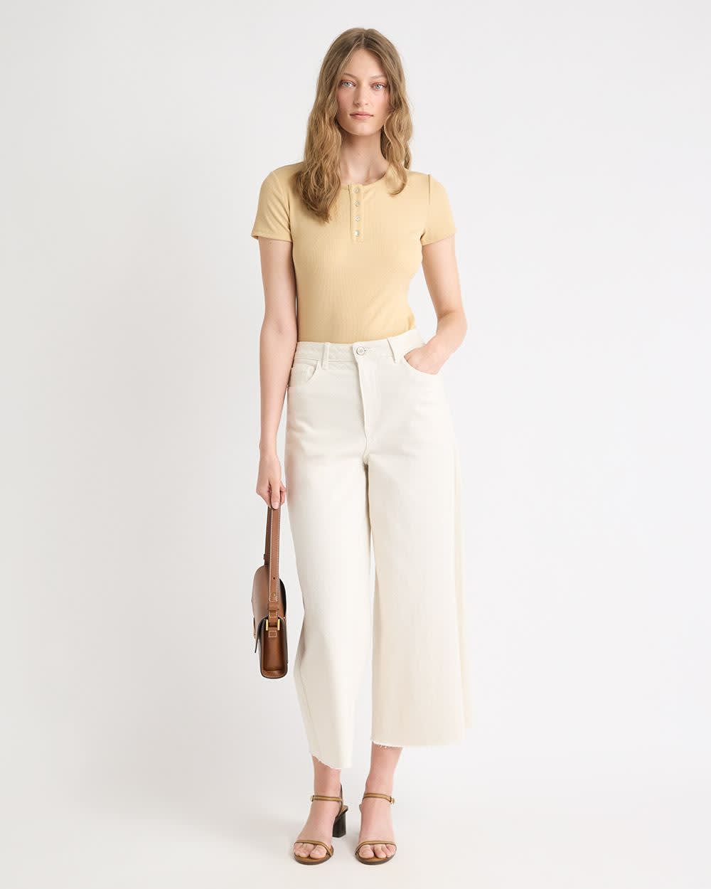Short-Sleeve Ribbed Henley Top rw&co On Sale