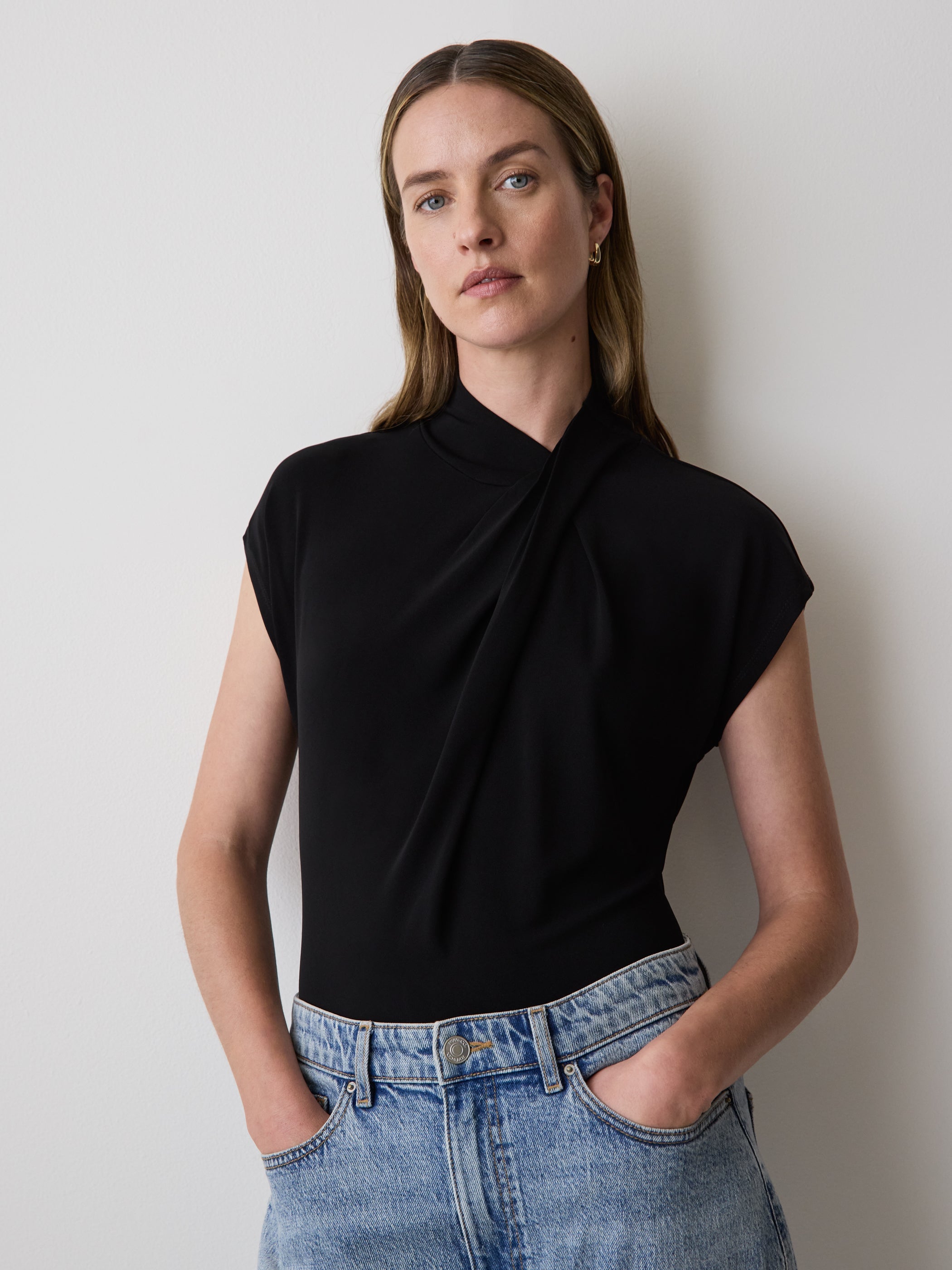 Extended-Sleeve Top with Crossover Draped Mock Neckline rw&co Great Value Deal