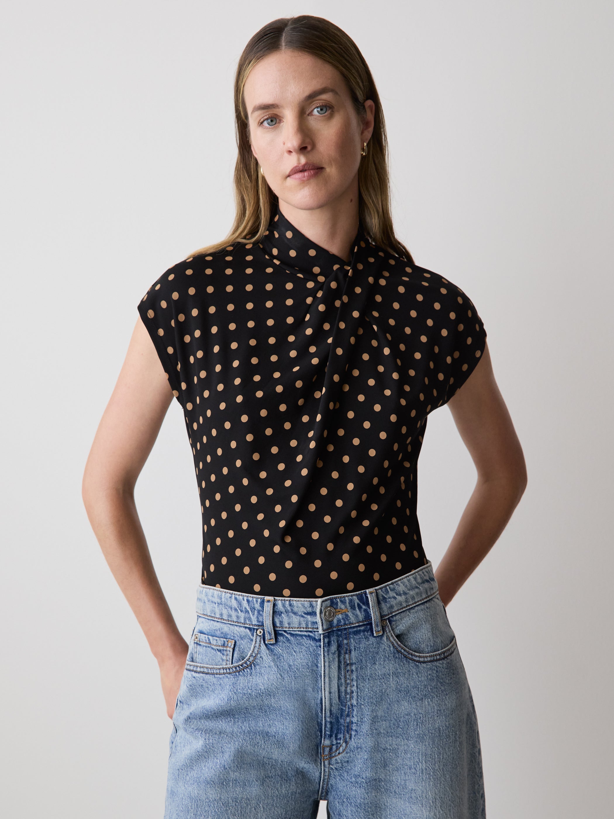 Extended-Sleeve Top with Crossover Draped Mock Neckline rw&co Great Value Deal