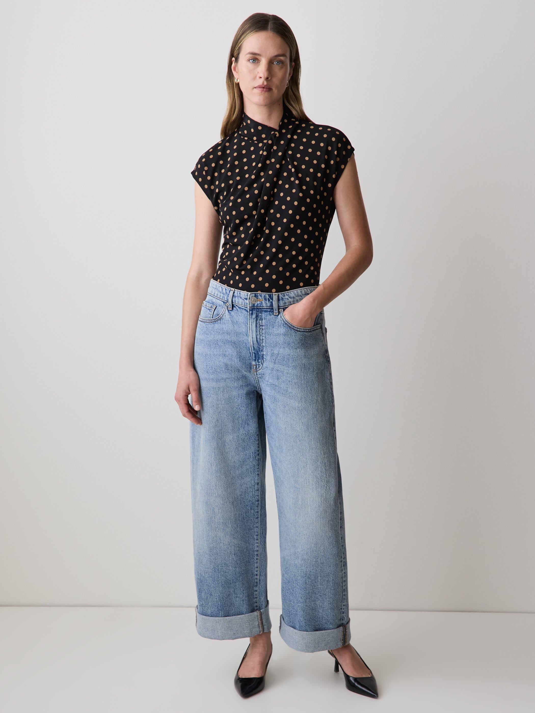 Extended-Sleeve Top with Crossover Draped Mock Neckline rw&co Great Value Deal