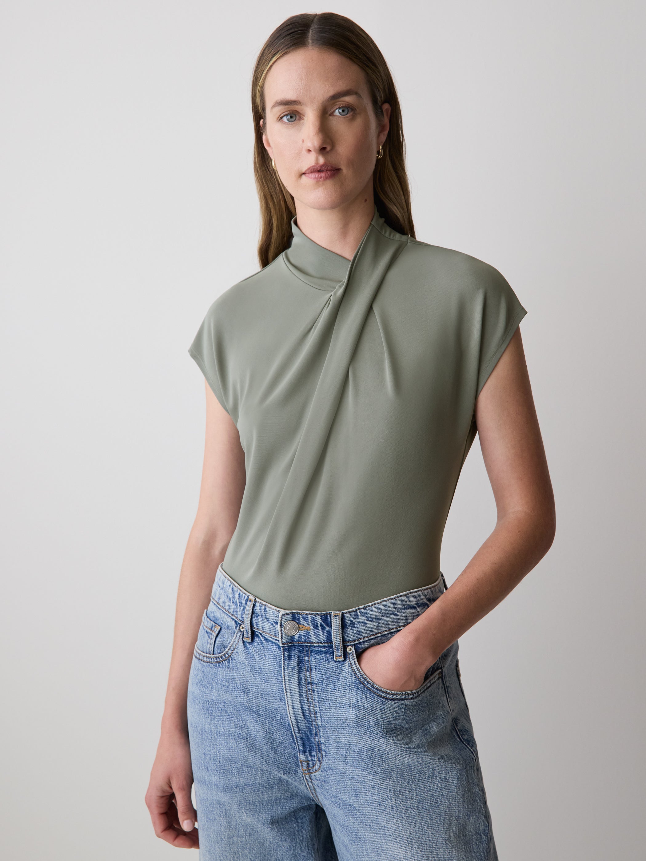 Extended-Sleeve Top with Crossover Draped Mock Neckline rw&co Great Value Deal