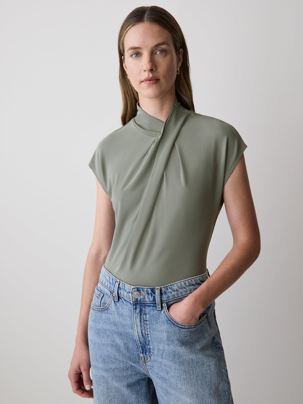 Extended-Sleeve Top with Crossover Draped Mock Neckline rw&co Great Value Deal