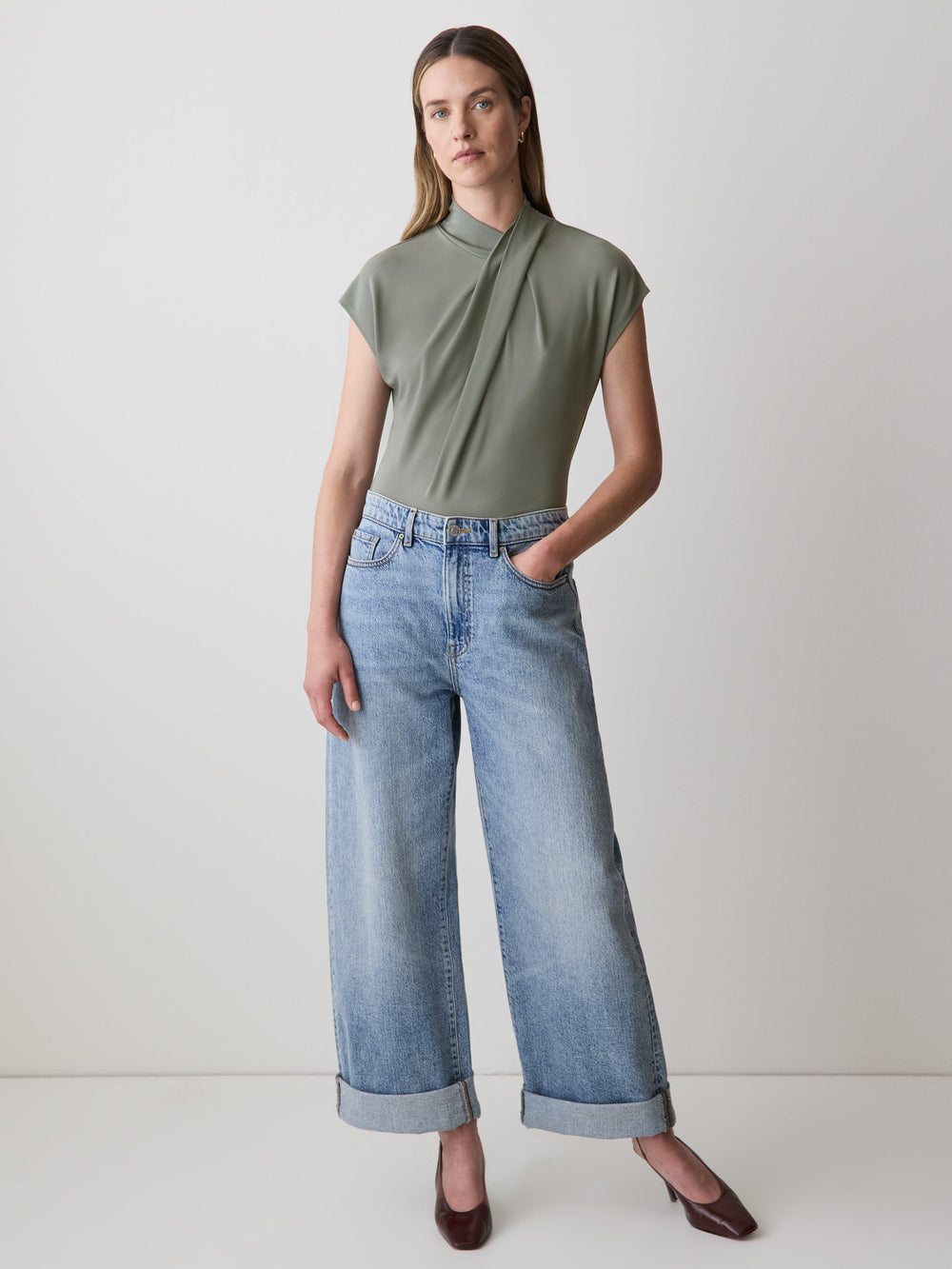 Extended-Sleeve Top with Crossover Draped Mock Neckline rw&co Great Value Deal