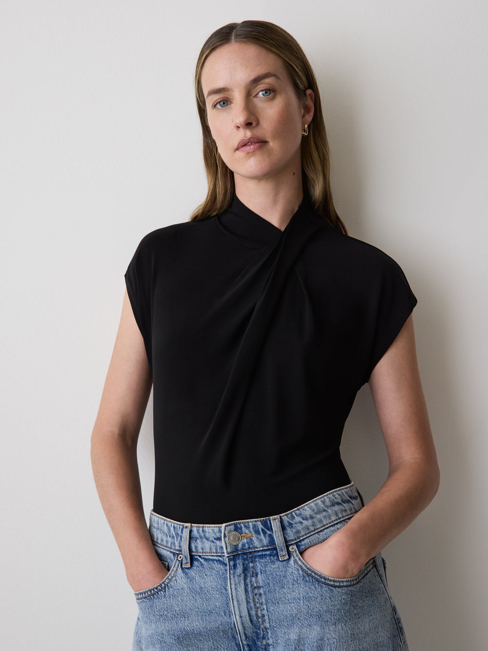 Extended-Sleeve Top with Crossover Draped Mock Neckline rw&co Great Value Deal