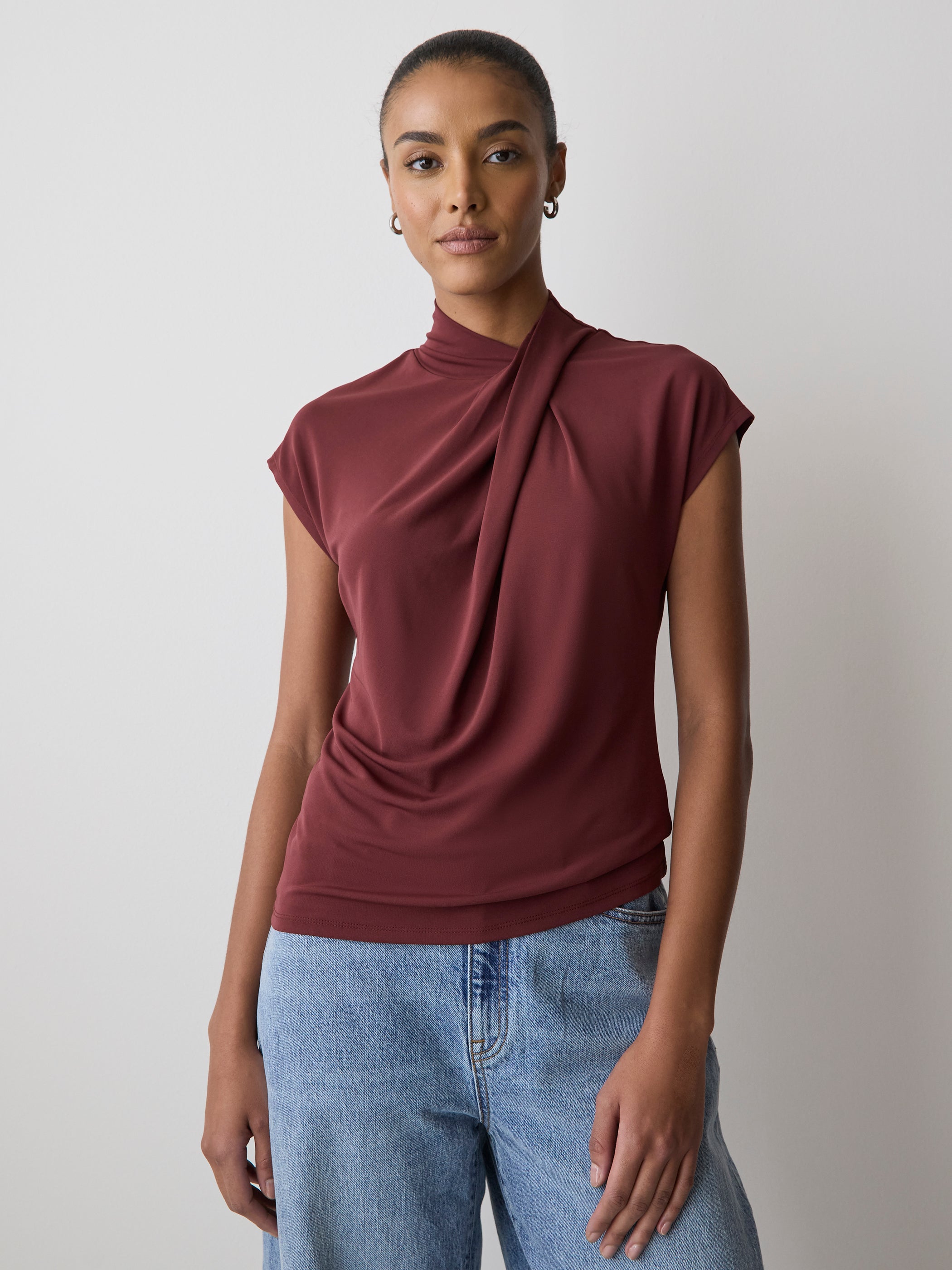 Extended-Sleeve Top with Crossover Draped Mock Neckline rw&co Great Value Deal