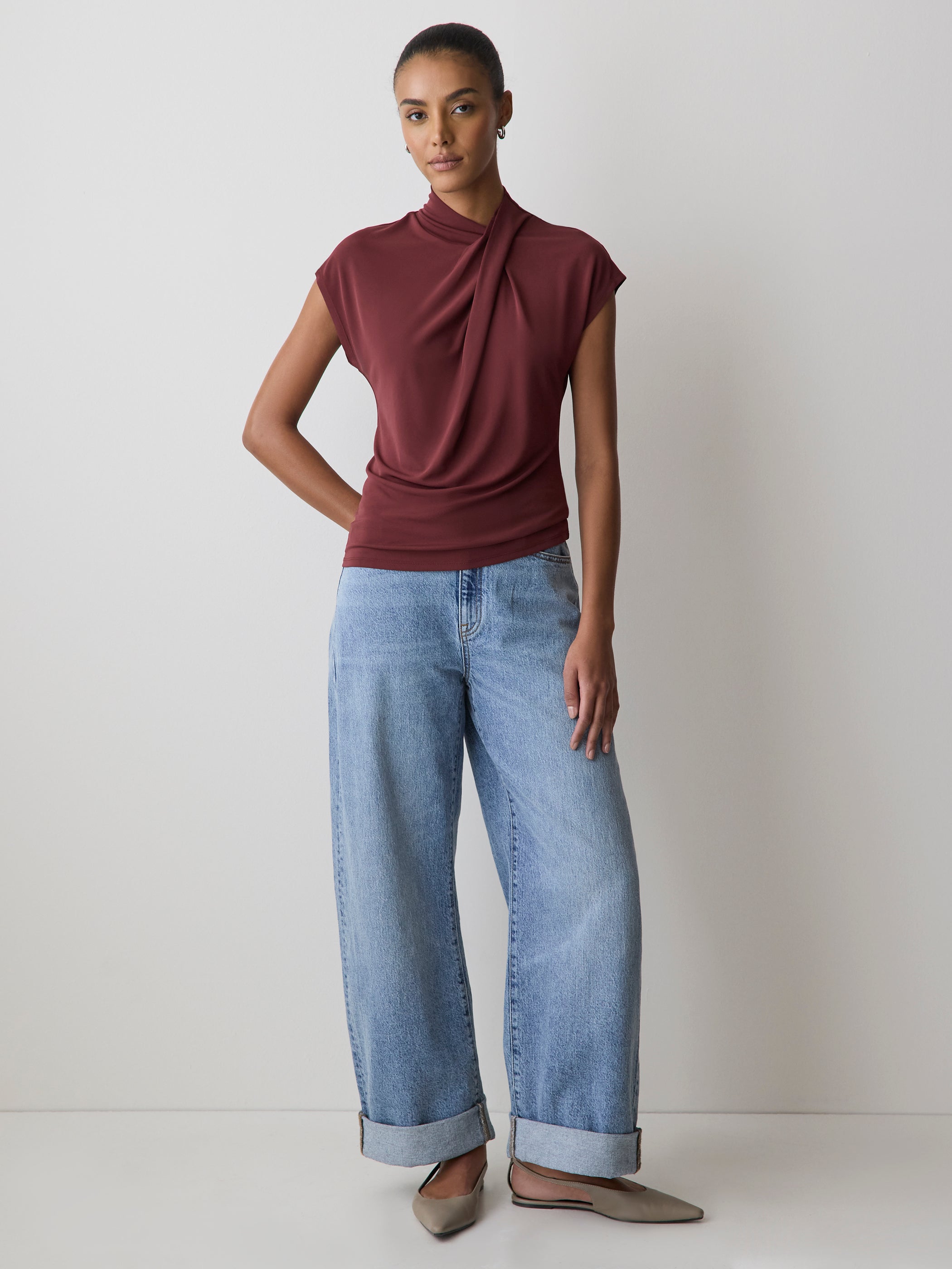 Extended-Sleeve Top with Crossover Draped Mock Neckline rw&co Great Value Deal