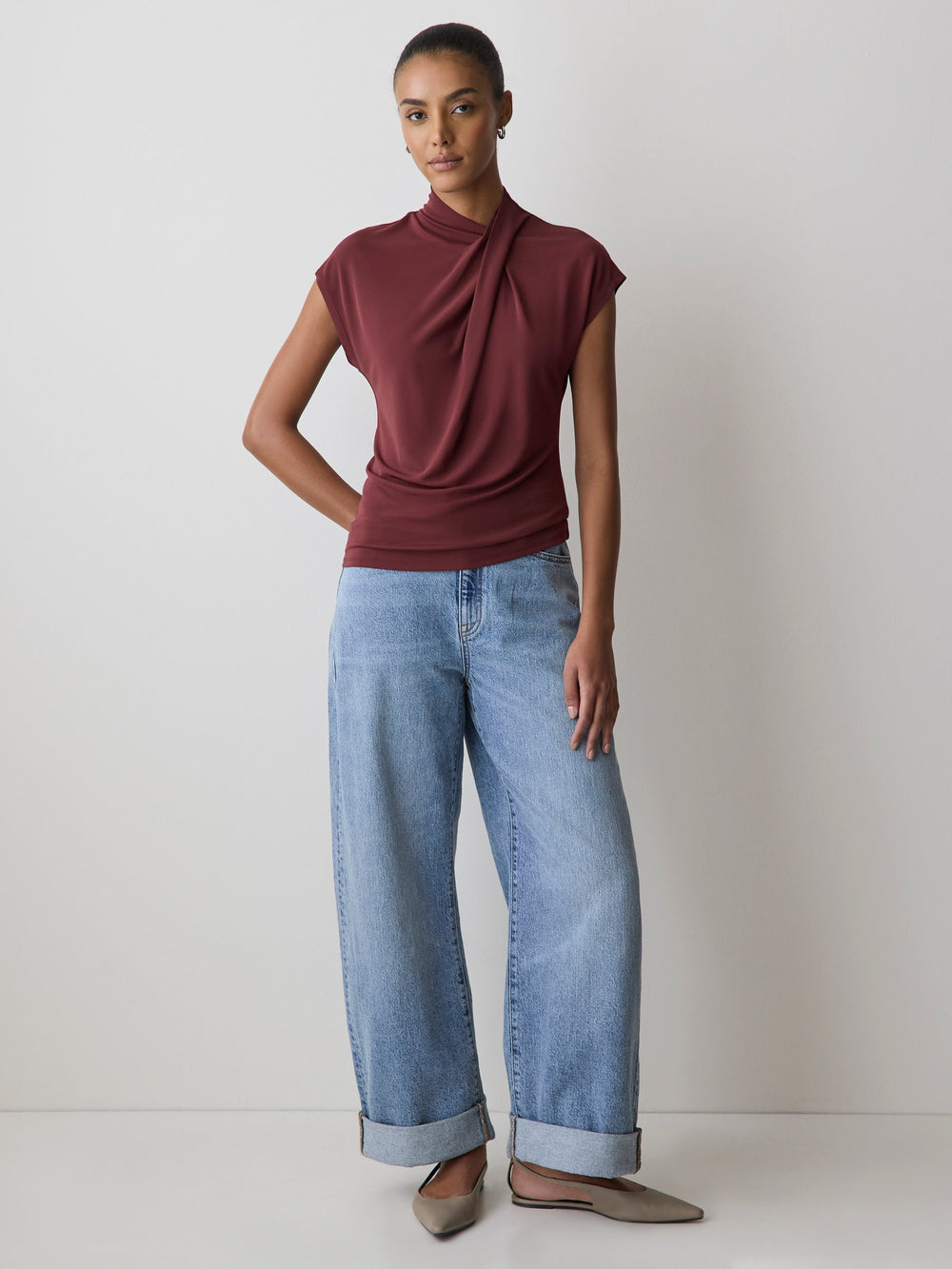 Extended-Sleeve Top with Crossover Draped Mock Neckline rw&co Great Value Deal