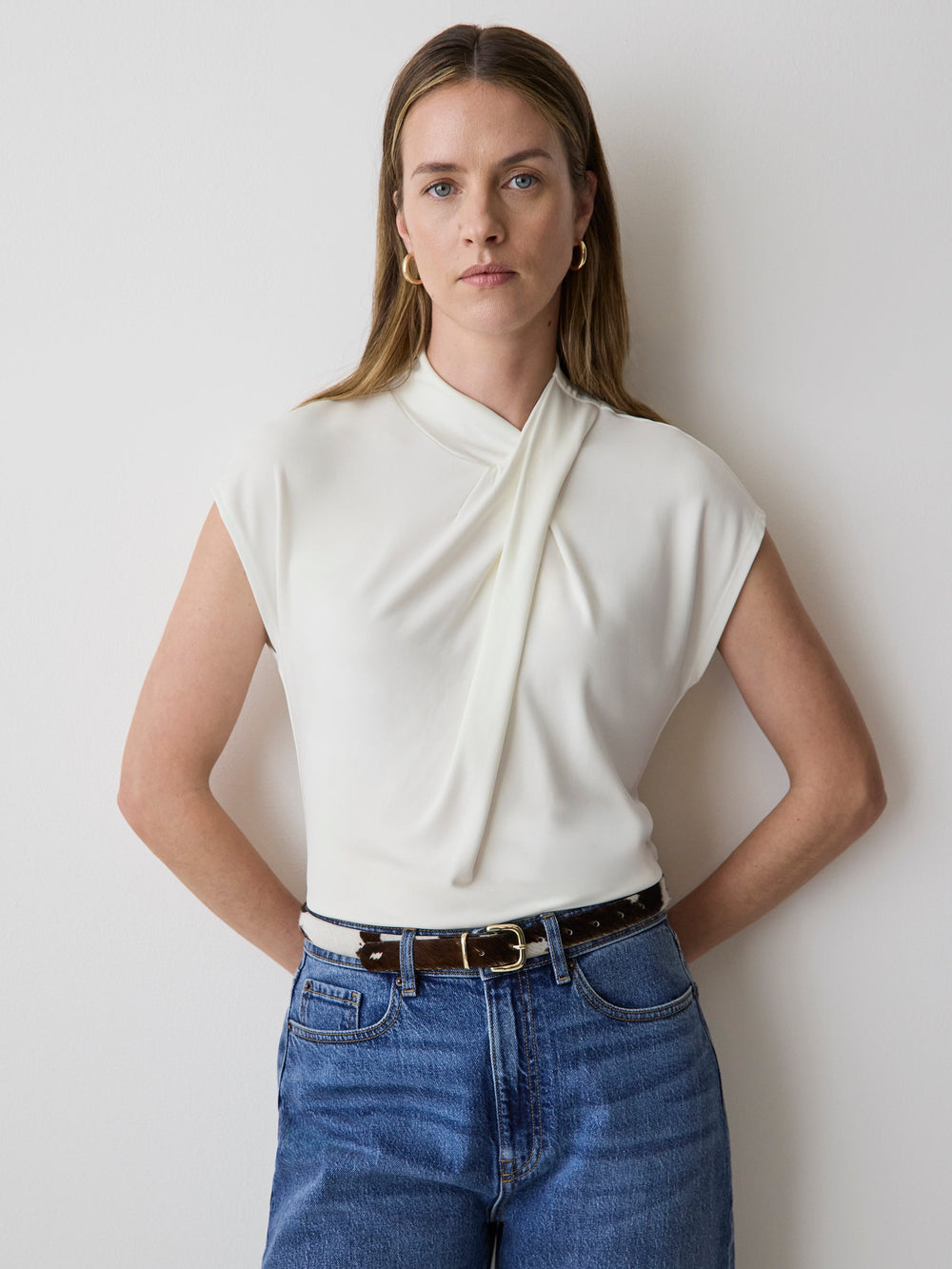 Extended-Sleeve Top with Crossover Draped Mock Neckline rw&co Great Value Deal
