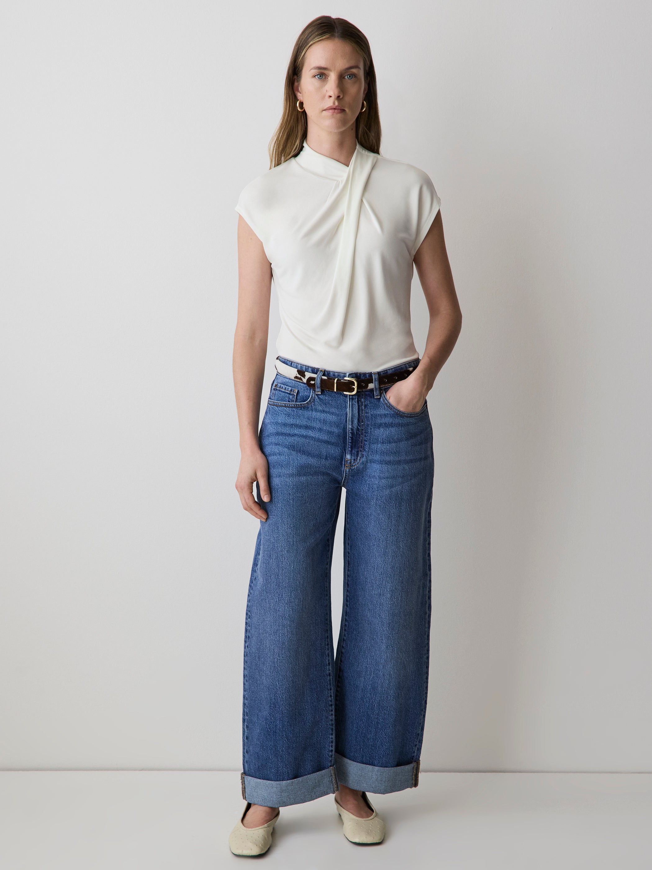 Extended-Sleeve Top with Crossover Draped Mock Neckline rw&co Great Value Deal