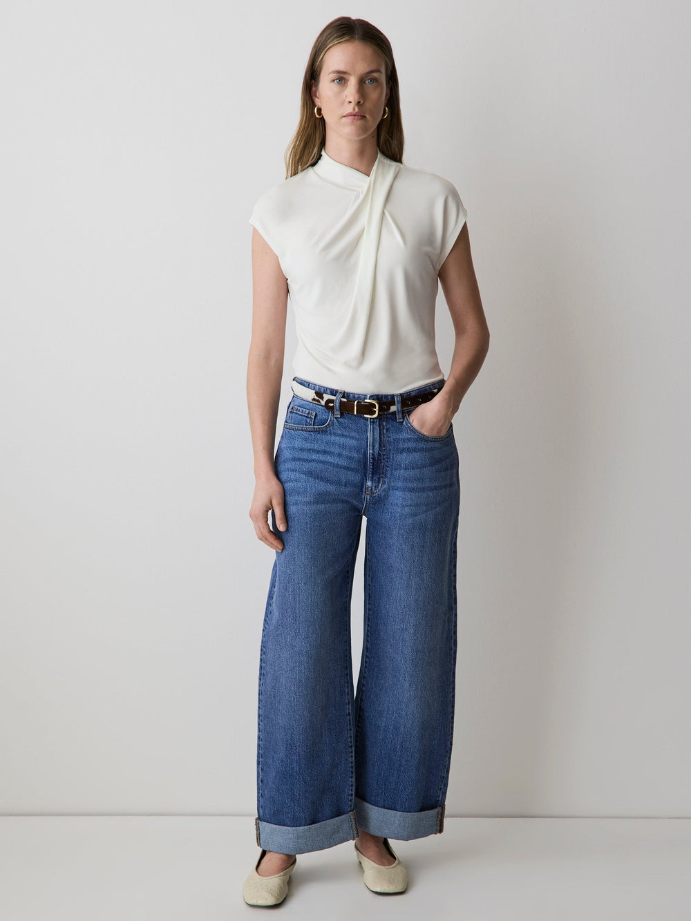 Extended-Sleeve Top with Crossover Draped Mock Neckline rw&co Great Value Deal