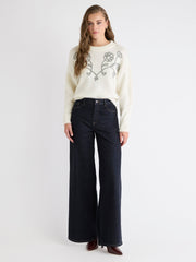 Long-Sleeve Crew-Neck Sweater with Flower Appliqués rw&co Limited Time Discount