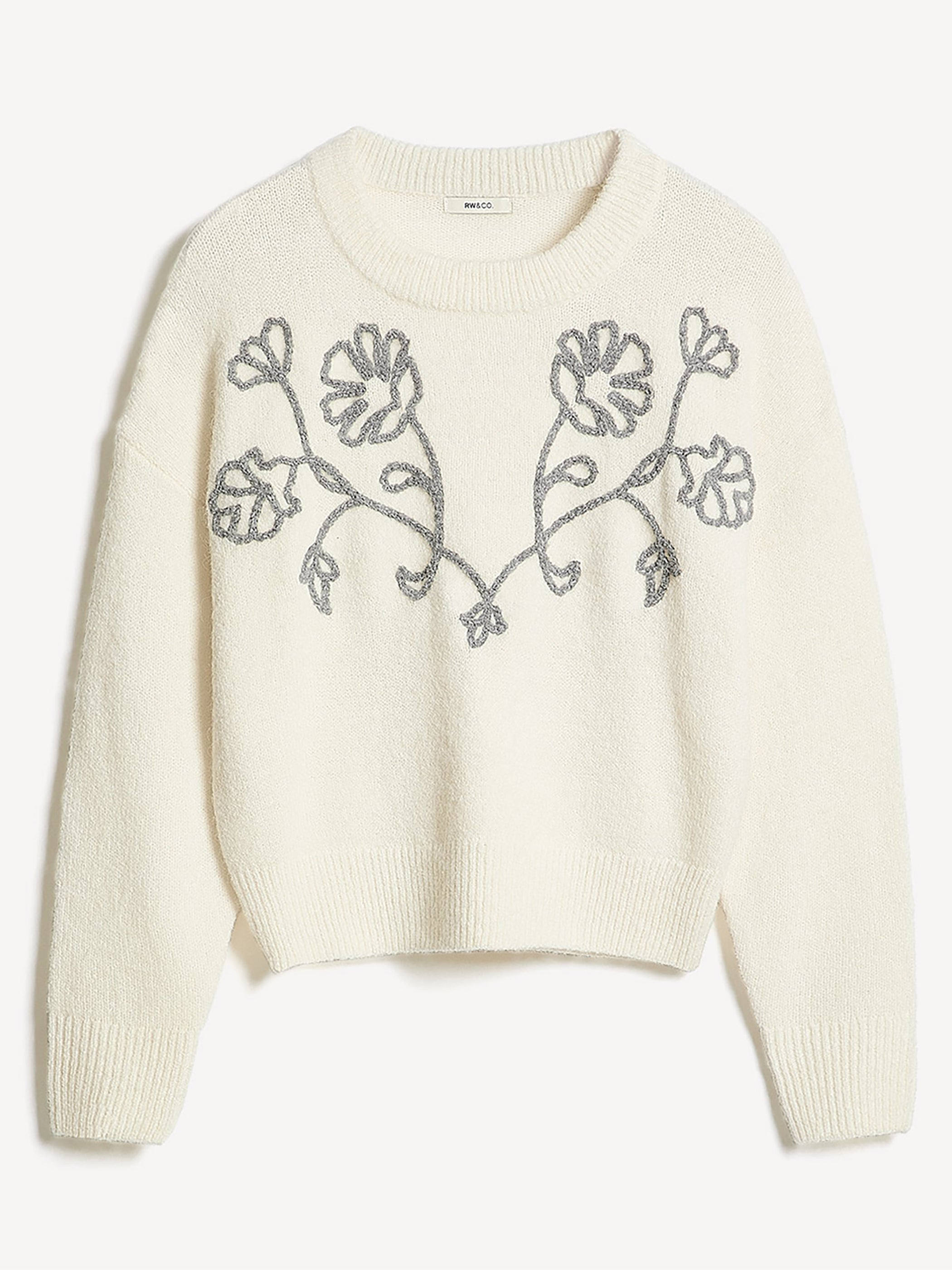 Long-Sleeve Crew-Neck Sweater with Flower Appliqués rw&co Limited Time Discount