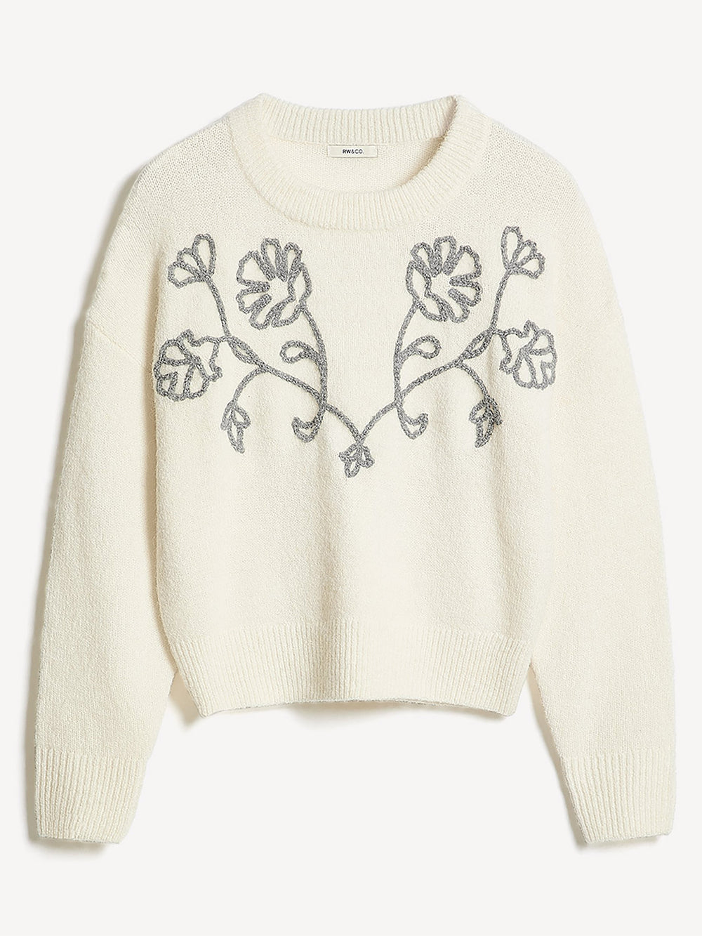 Long-Sleeve Crew-Neck Sweater with Flower Appliqués rw&co Limited Time Discount