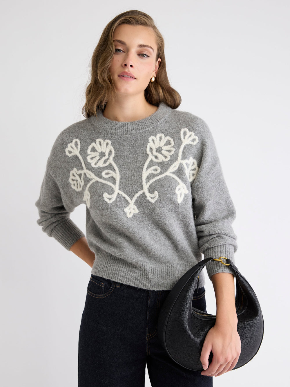 Long-Sleeve Crew-Neck Sweater with Flower Appliqués rw&co Limited Time Discount