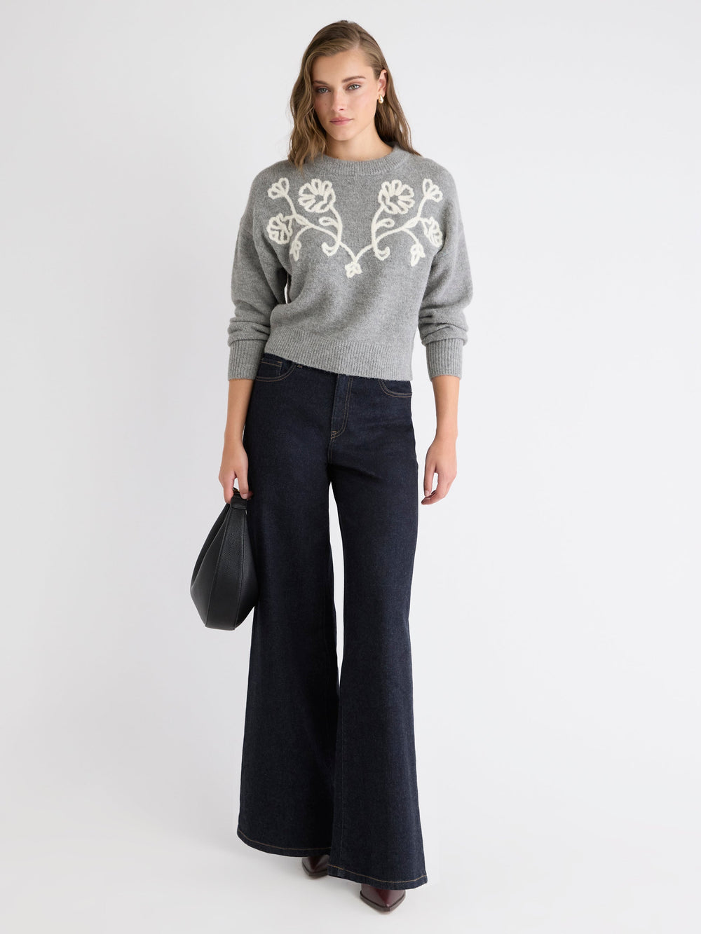 Long-Sleeve Crew-Neck Sweater with Flower Appliqués rw&co Limited Time Discount