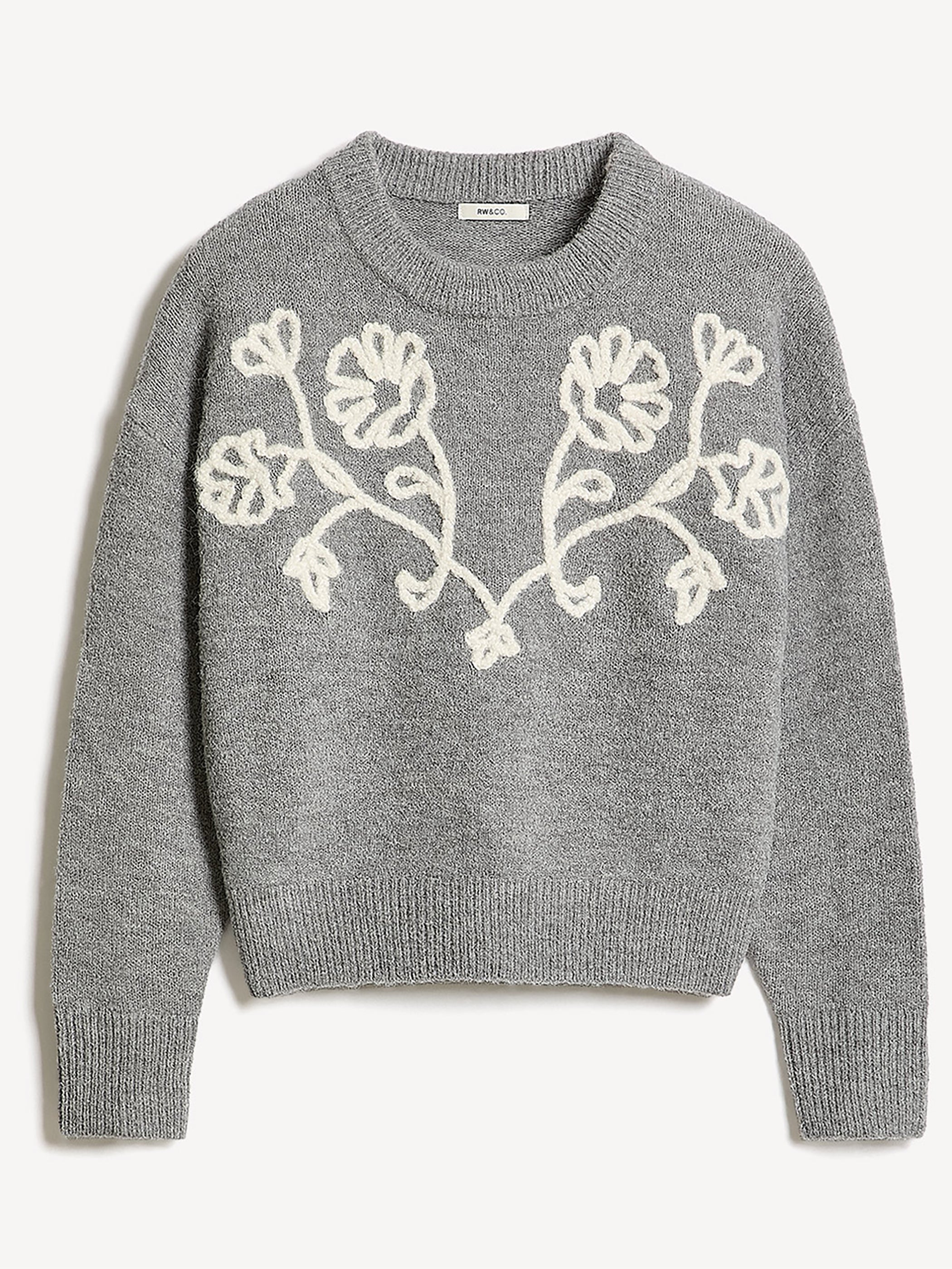 Long-Sleeve Crew-Neck Sweater with Flower Appliqués rw&co Limited Time Discount