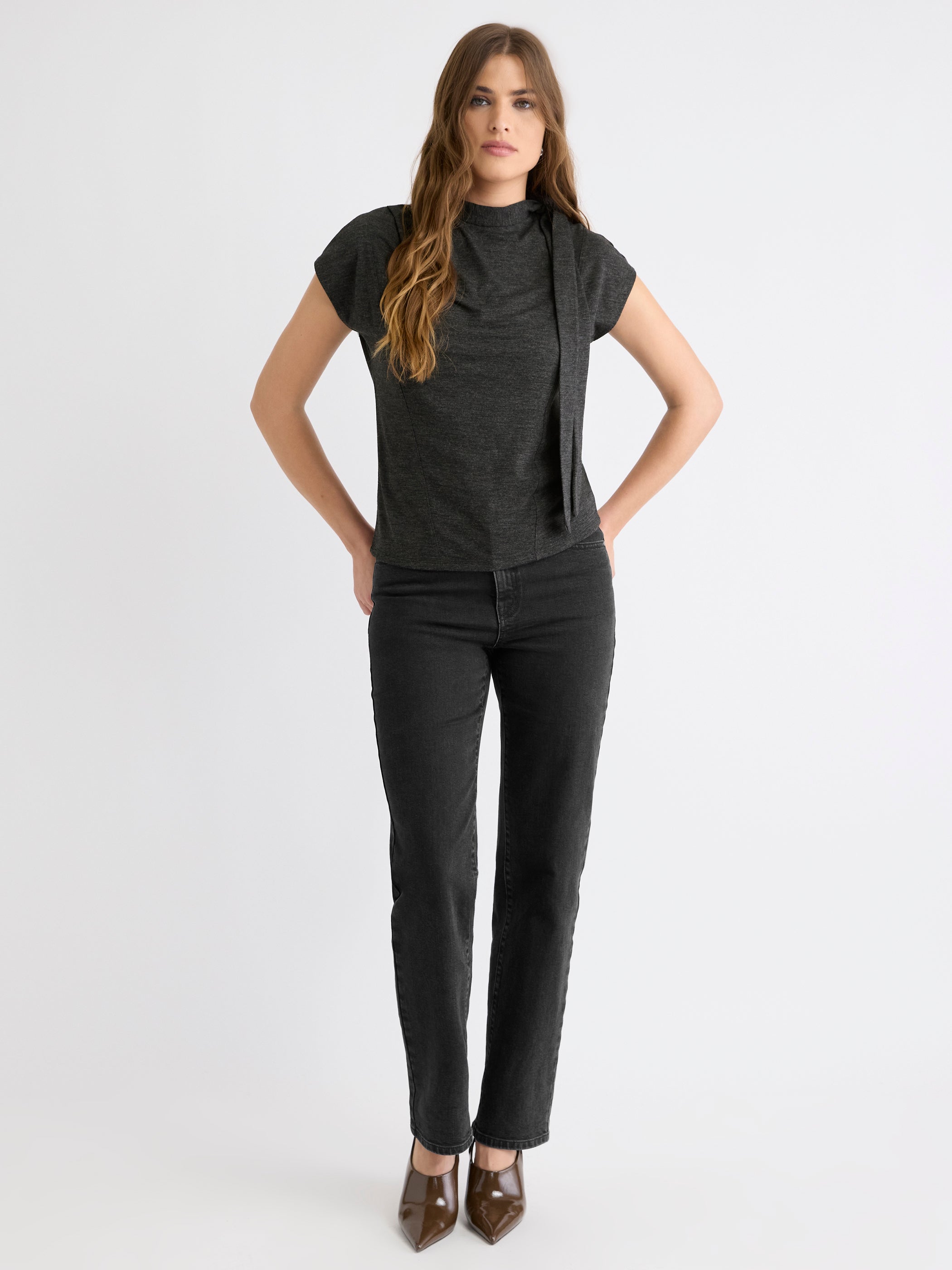 Extended-Sleeve Mock-Neck Top with Tie rw&co Limited Time Discount