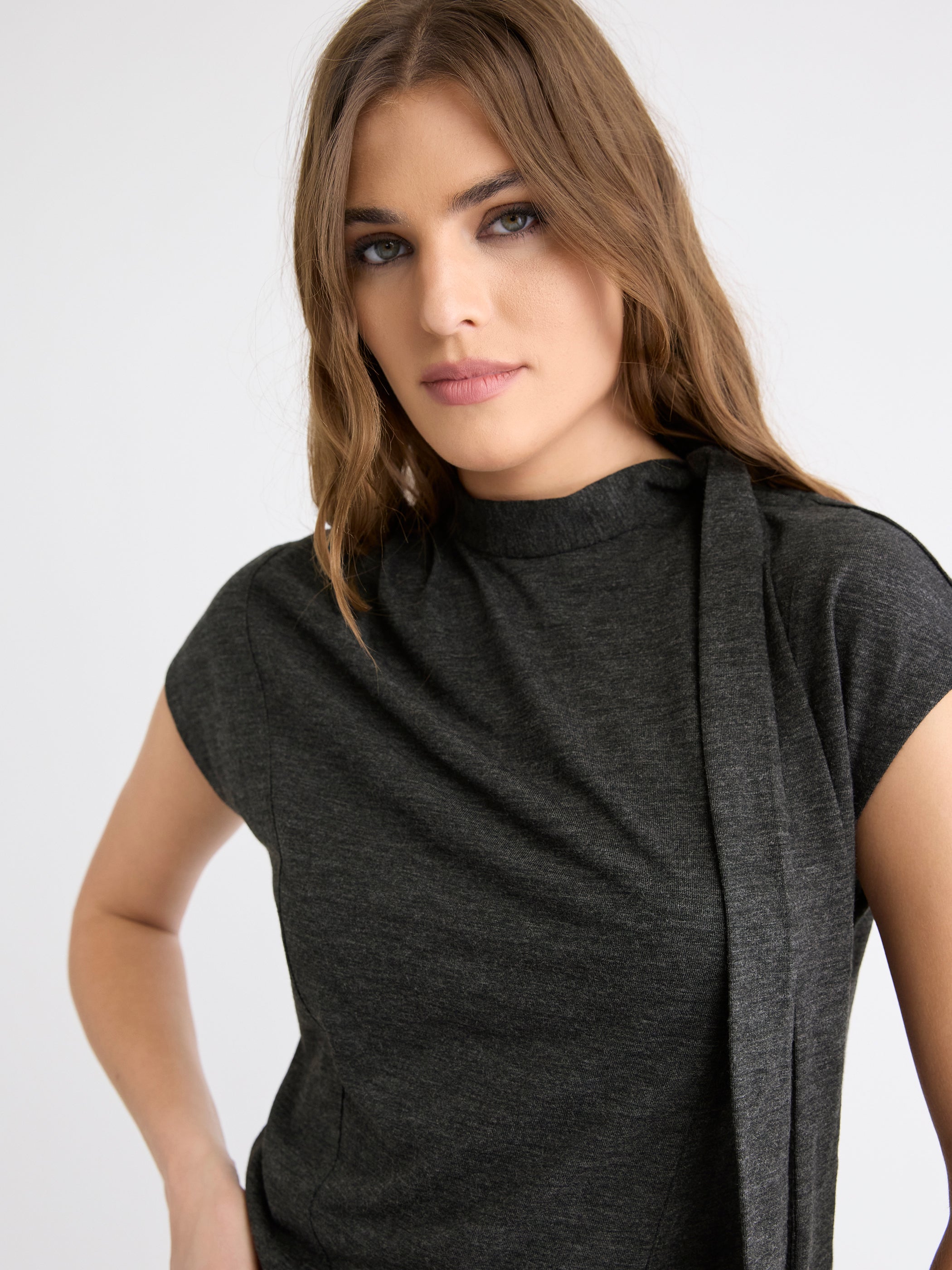 Extended-Sleeve Mock-Neck Top with Tie rw&co Limited Time Discount