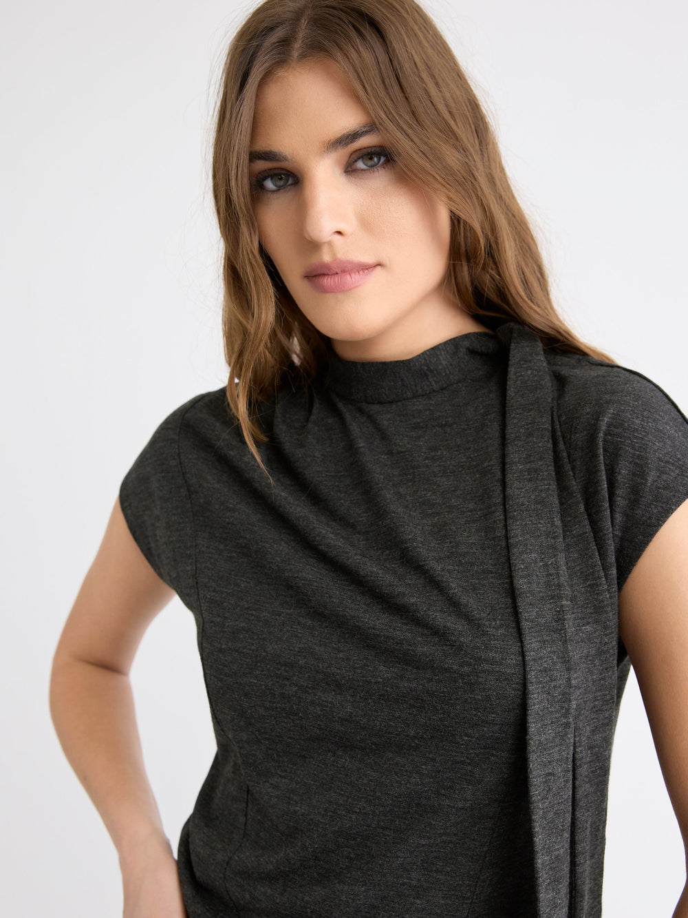 Extended-Sleeve Mock-Neck Top with Tie rw&co Limited Time Discount