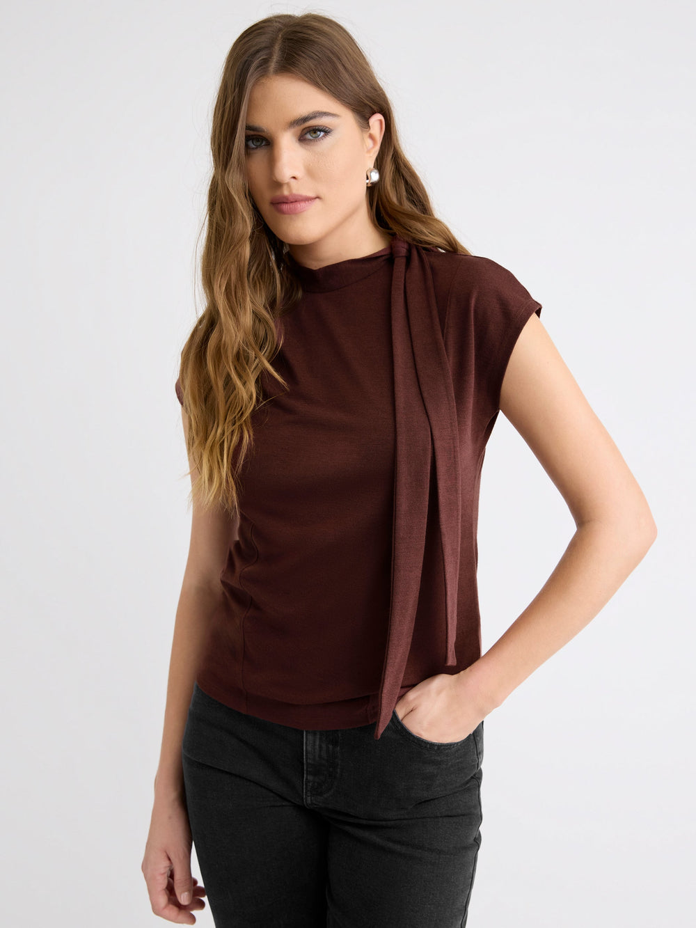 Extended-Sleeve Mock-Neck Top with Tie rw&co Limited Time Discount