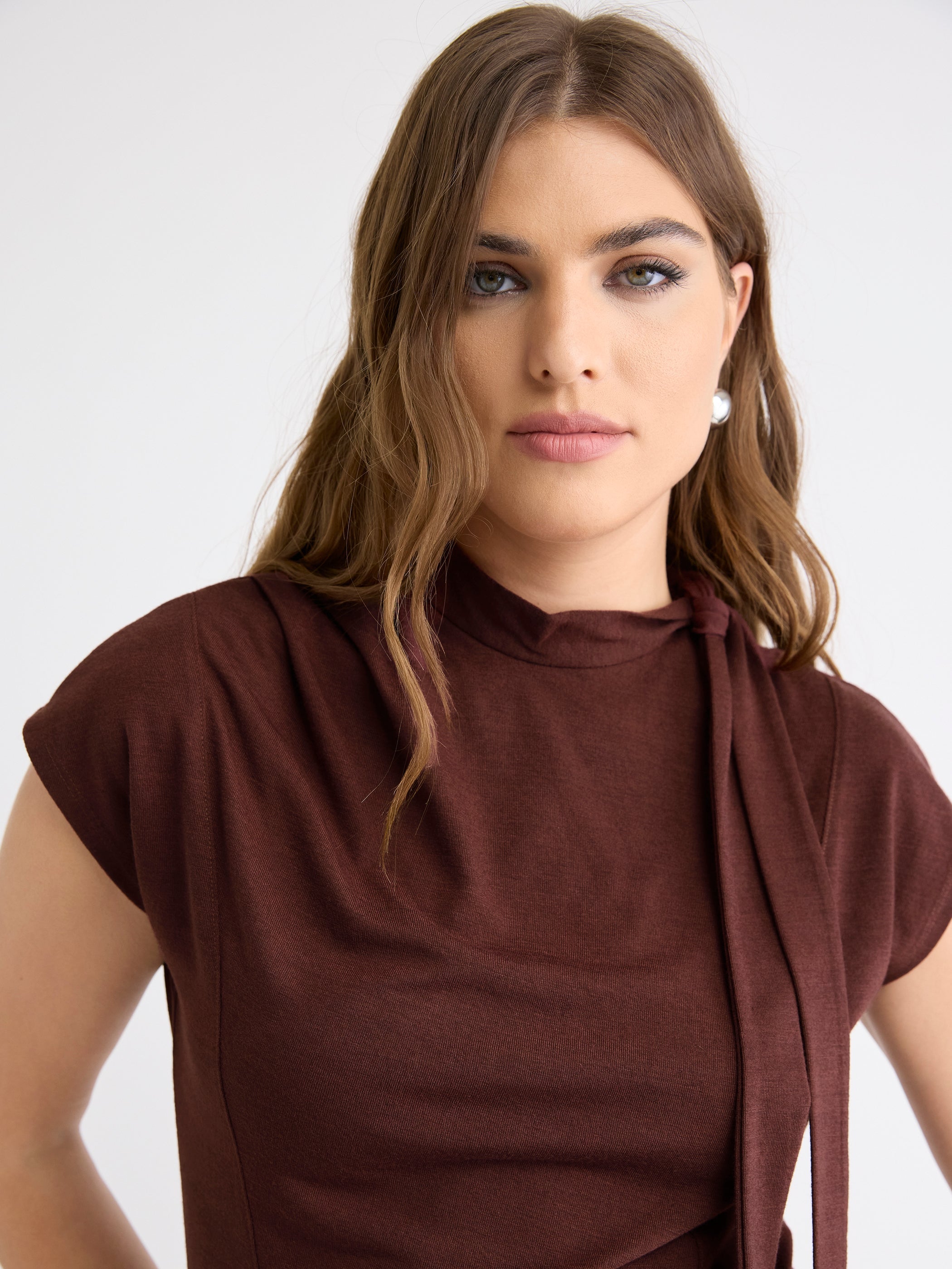 Extended-Sleeve Mock-Neck Top with Tie rw&co Limited Time Discount