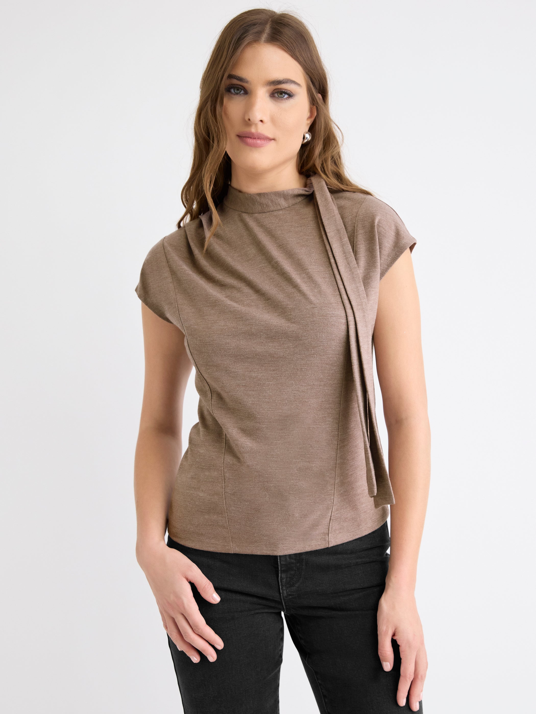 Extended-Sleeve Mock-Neck Top with Tie rw&co Limited Time Discount