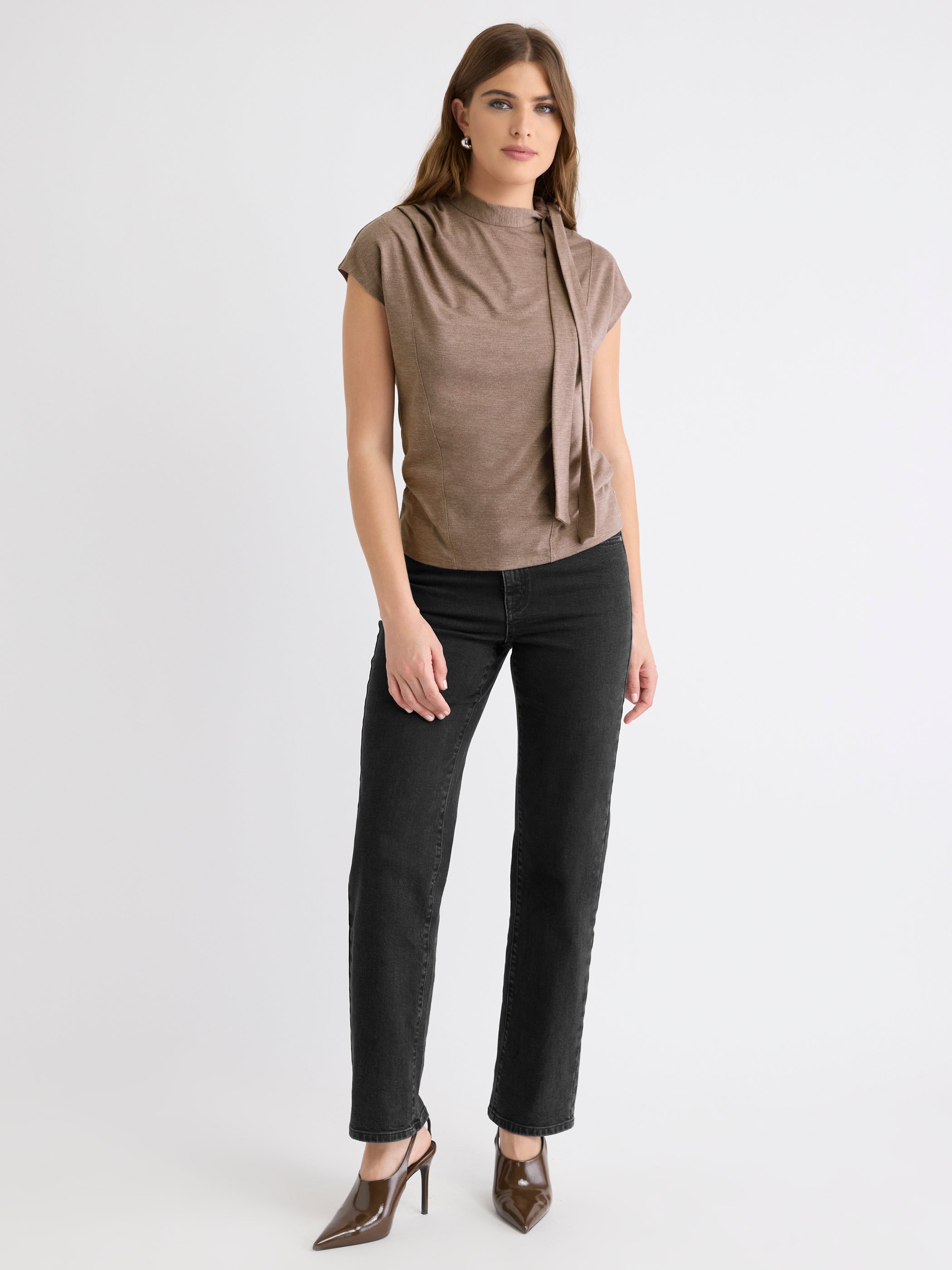 Extended-Sleeve Mock-Neck Top with Tie rw&co Limited Time Discount