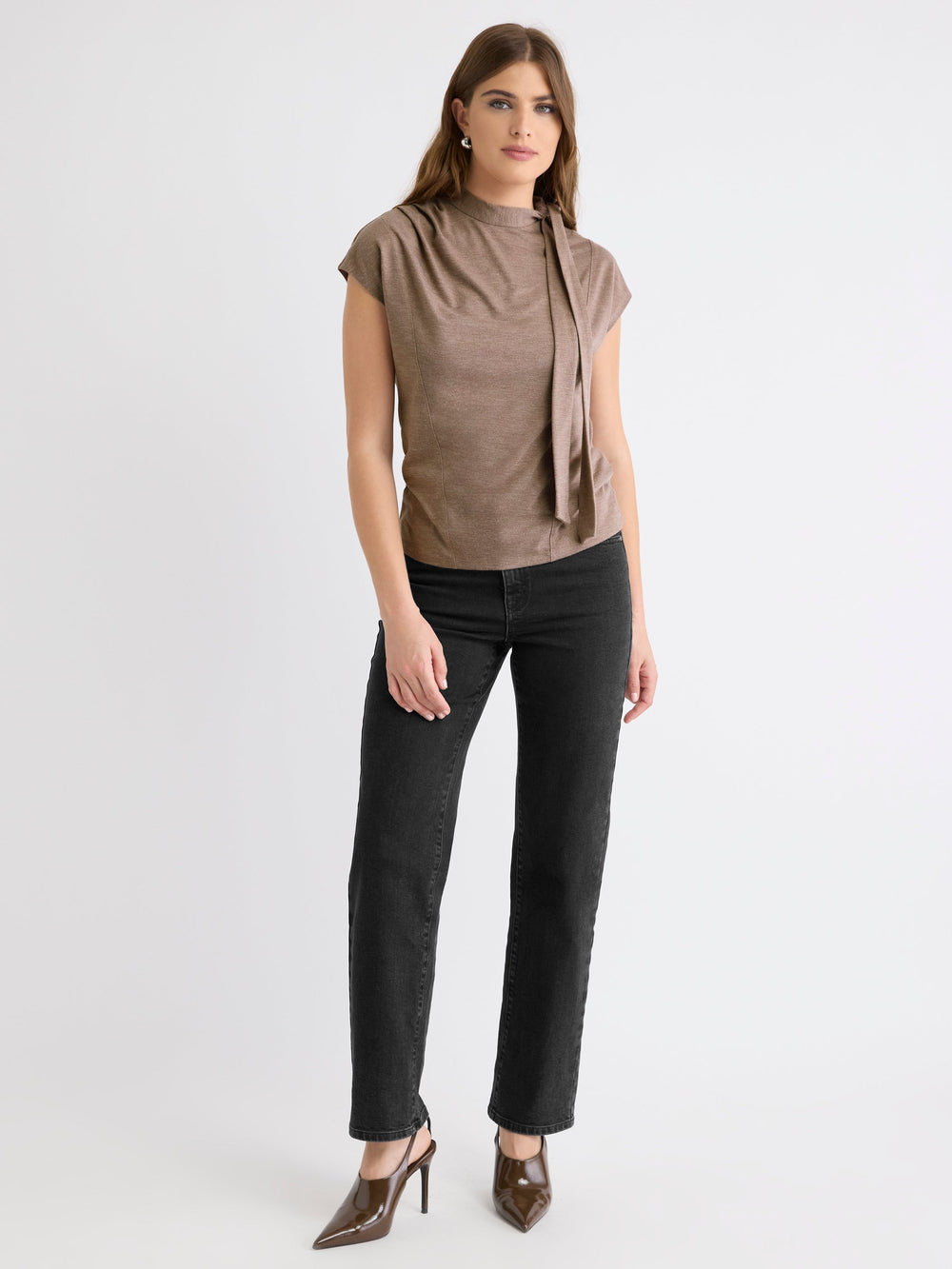 Extended-Sleeve Mock-Neck Top with Tie rw&co Limited Time Discount