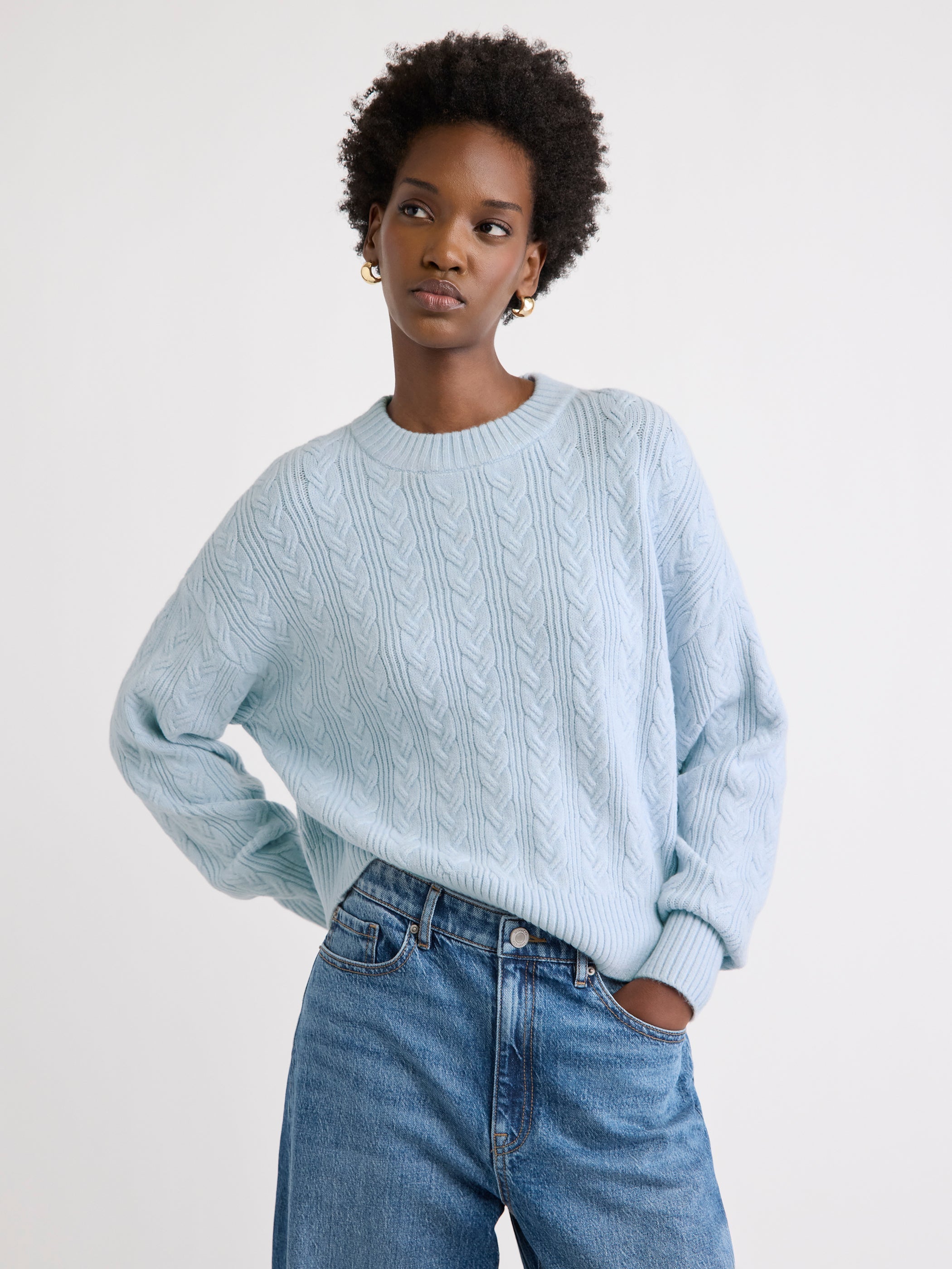 Long-Sleeve Crew-Neck Sweater with Cable Stitches rw&co On Sale