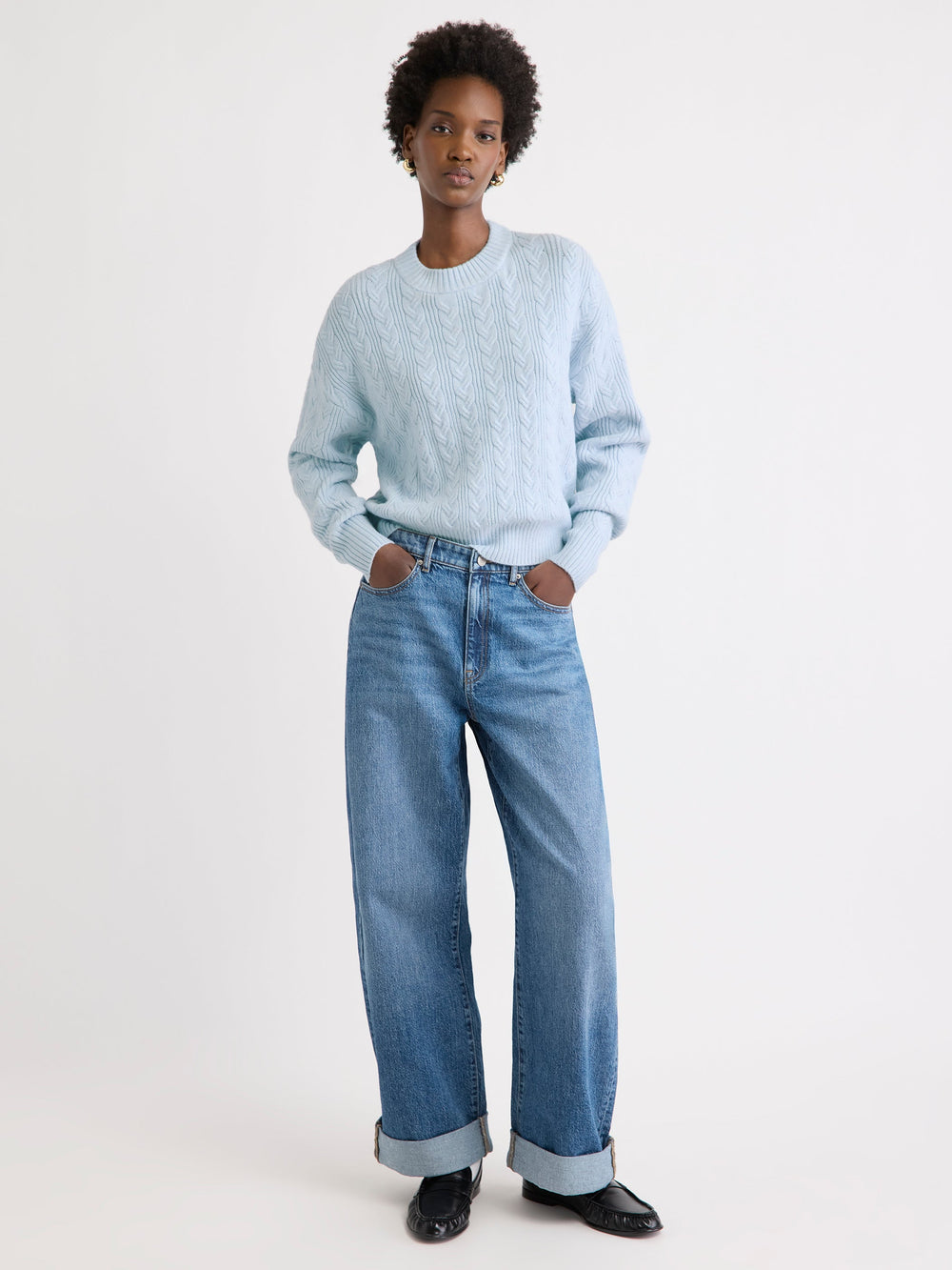 Long-Sleeve Crew-Neck Sweater with Cable Stitches rw&co On Sale