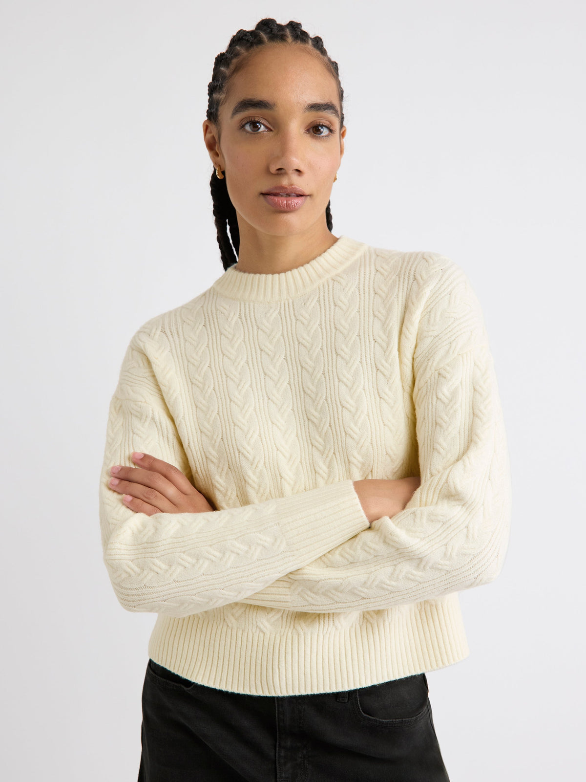 Long-Sleeve Crew-Neck Sweater with Cable Stitches rw&co On Sale