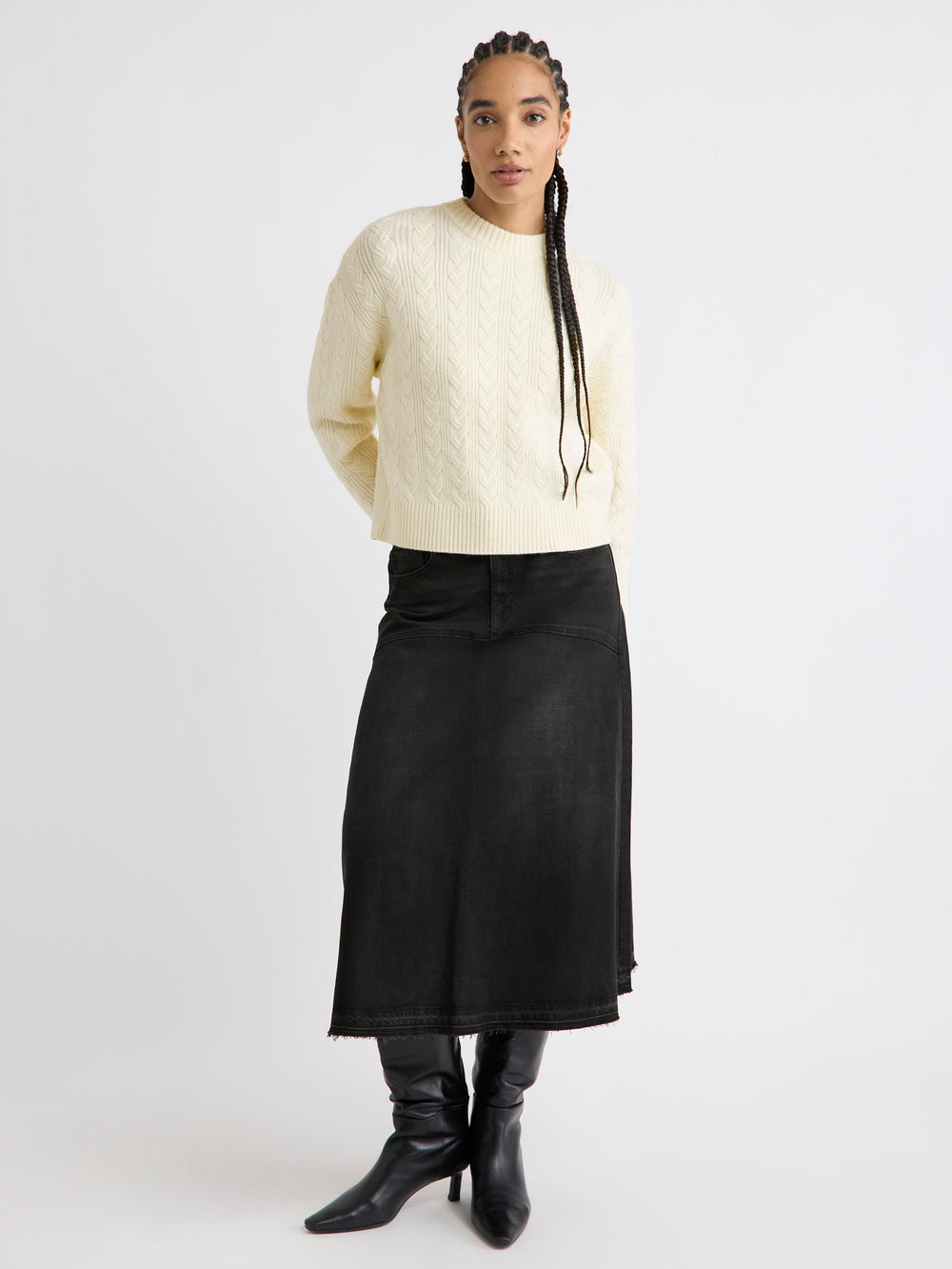 Long-Sleeve Crew-Neck Sweater with Cable Stitches rw&co On Sale