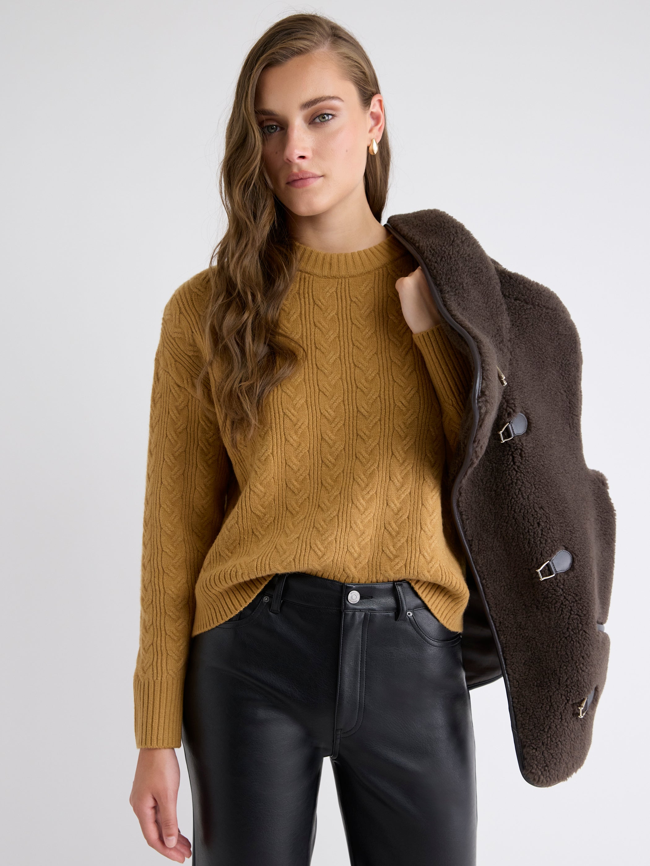 Long-Sleeve Crew-Neck Sweater with Cable Stitches rw&co On Sale