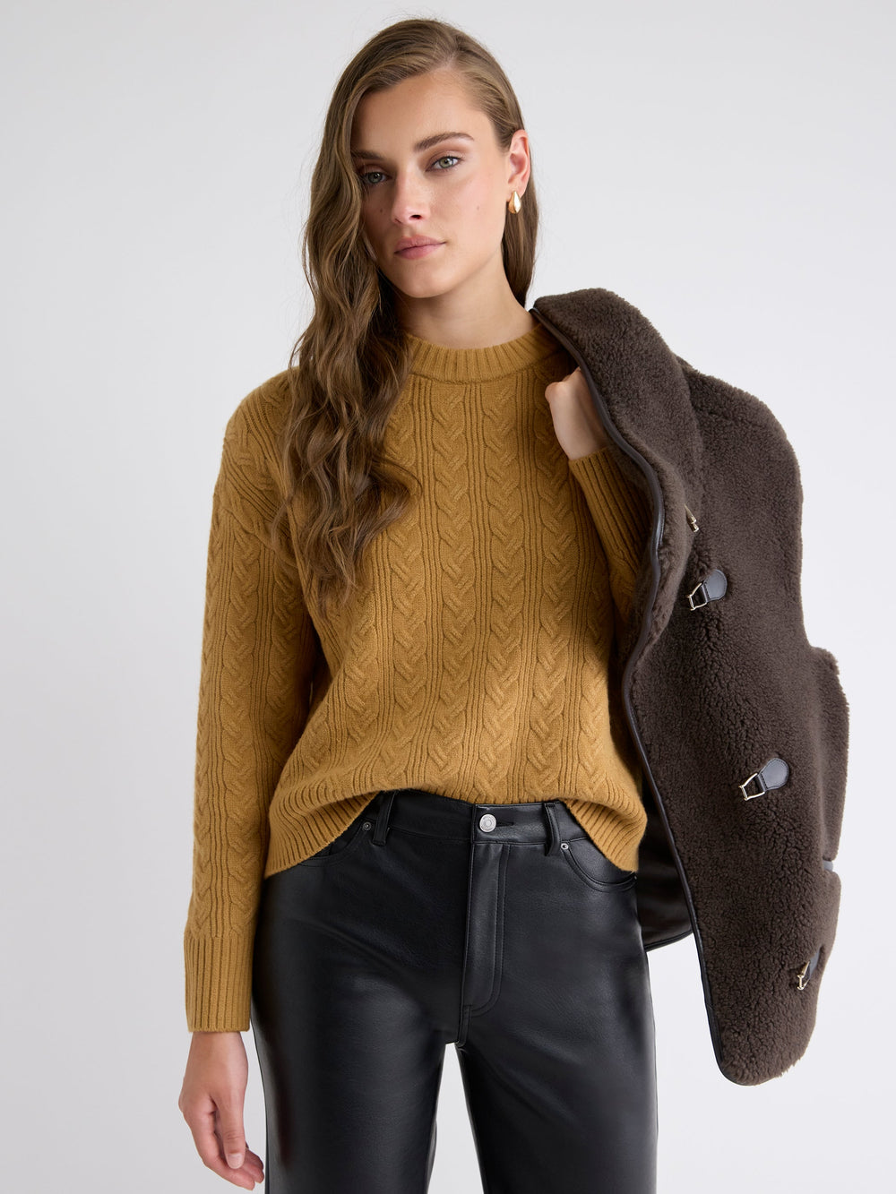 Long-Sleeve Crew-Neck Sweater with Cable Stitches rw&co On Sale