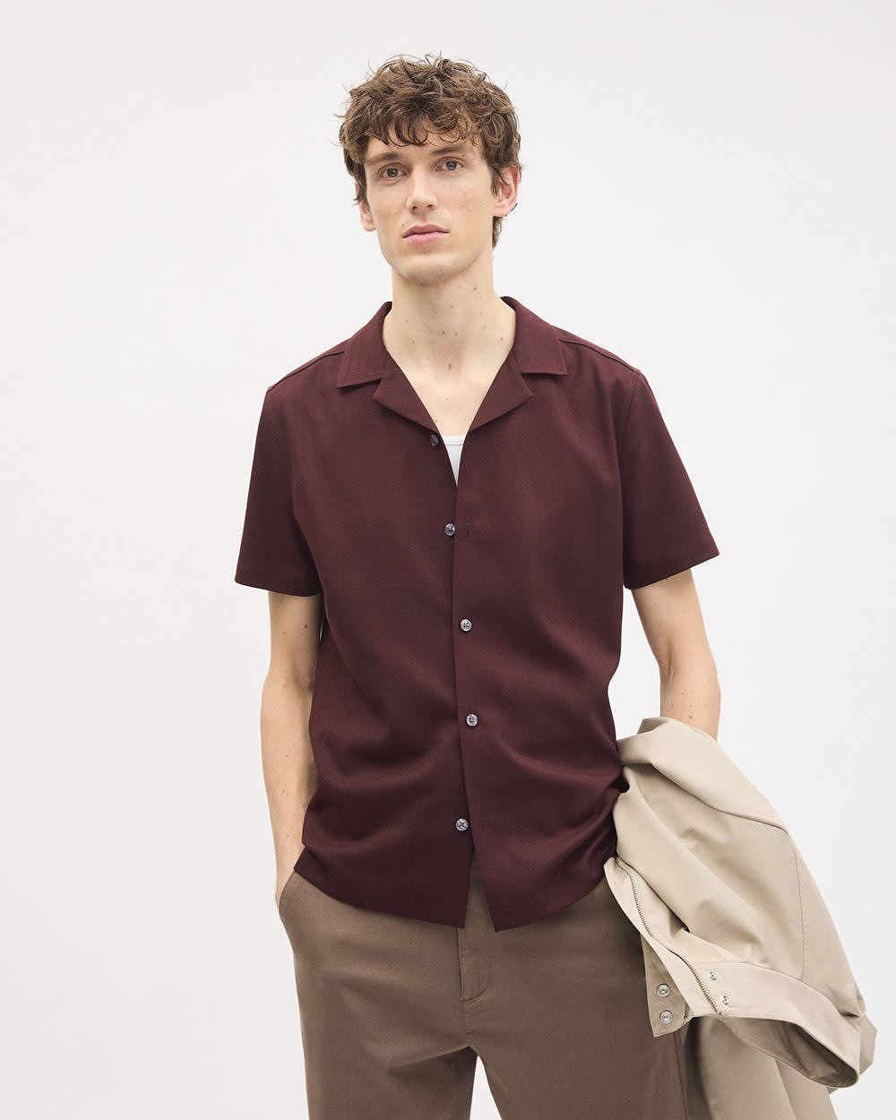 Short-Sleeve Herringbone Shirt with Camp Collar rw&co Exclusive Sale Price