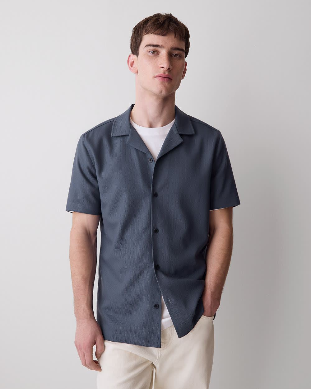 Short-Sleeve Herringbone Shirt with Camp Collar rw&co Exclusive Sale Price