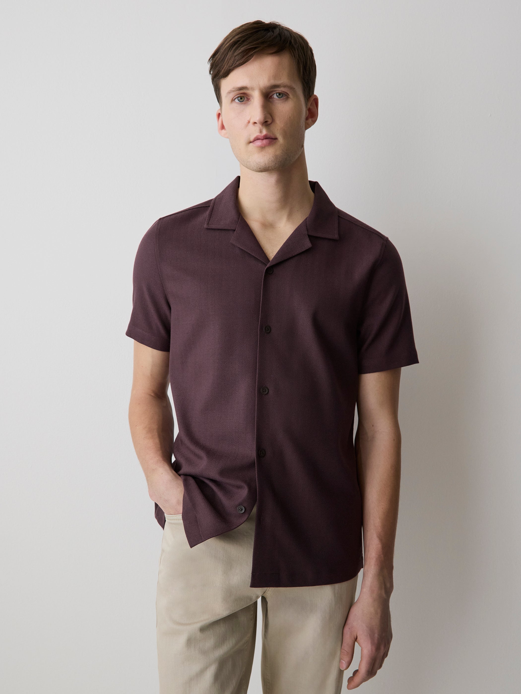 Short-Sleeve Herringbone Shirt with Camp Collar rw&co Exclusive Sale Price