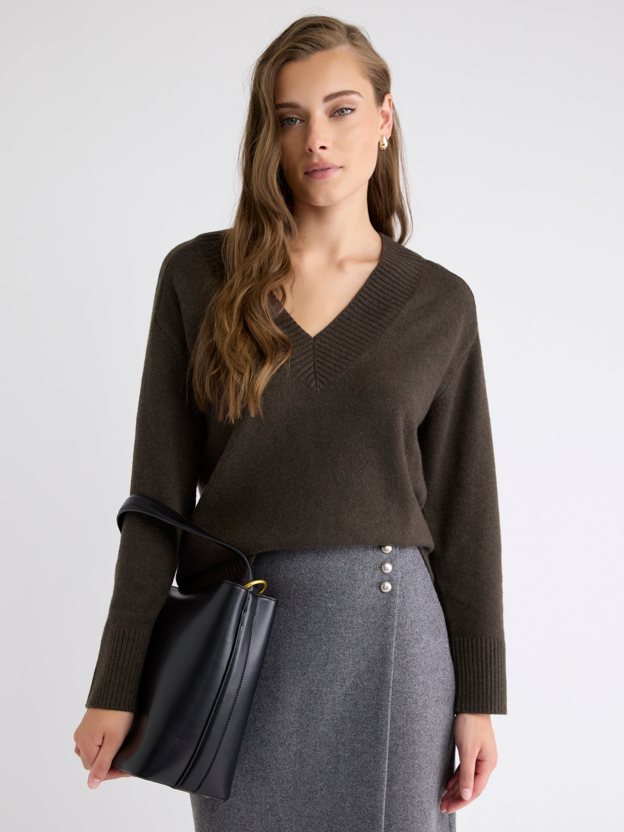 Long-Sleeve V-Neck Merino-Blend Sweater rw&co On Sale
