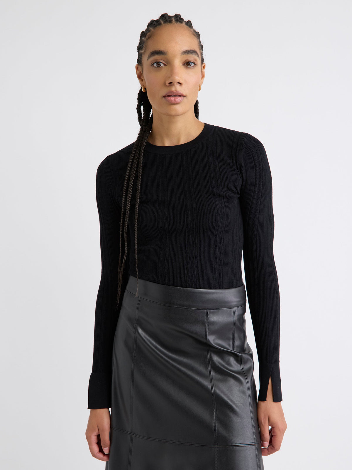 Long-Sleeve Crew-Neck Bodycon Top with Pointelle Stitches rw&co Great Value Deal