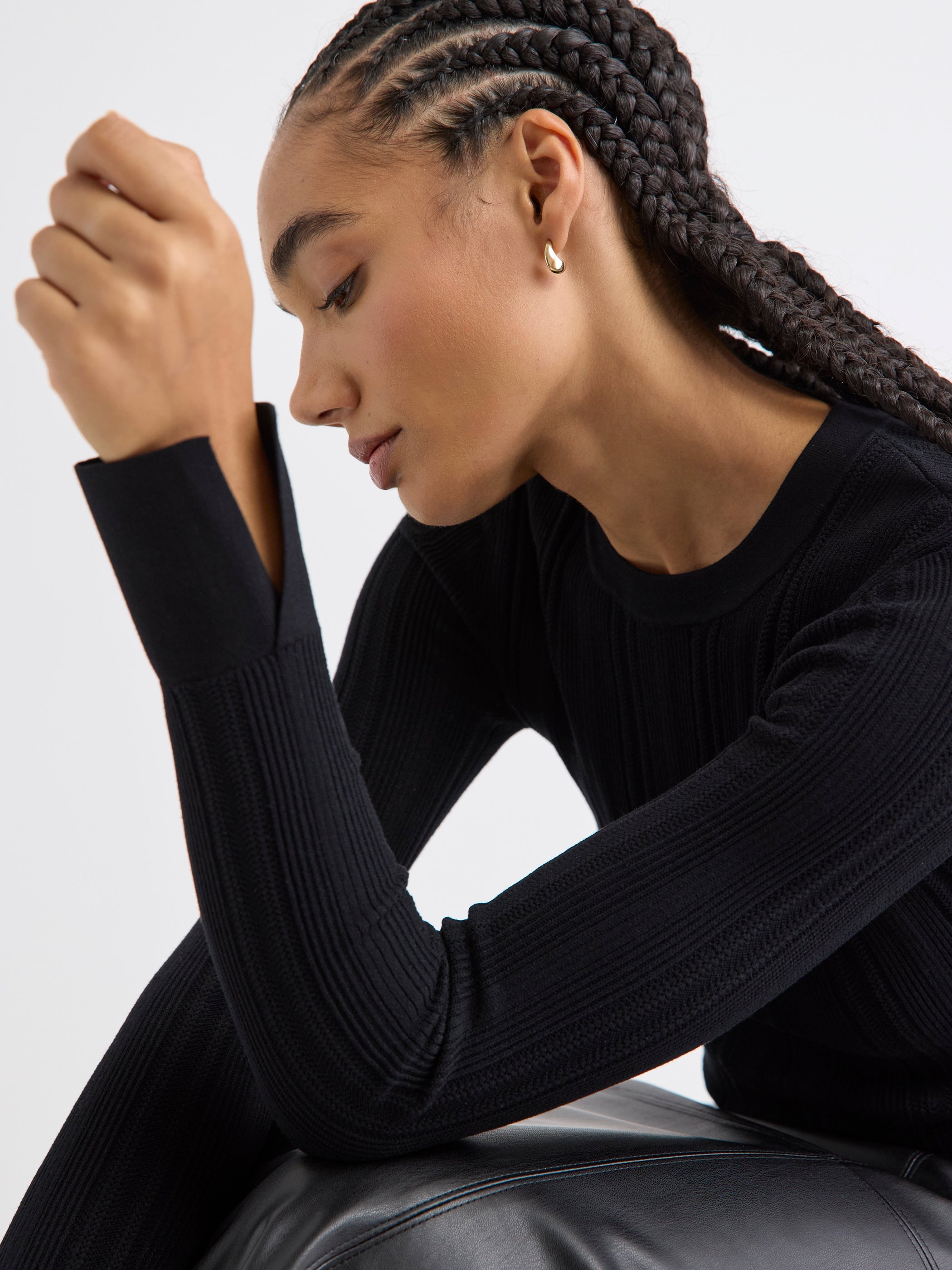 Long-Sleeve Crew-Neck Bodycon Top with Pointelle Stitches rw&co Great Value Deal