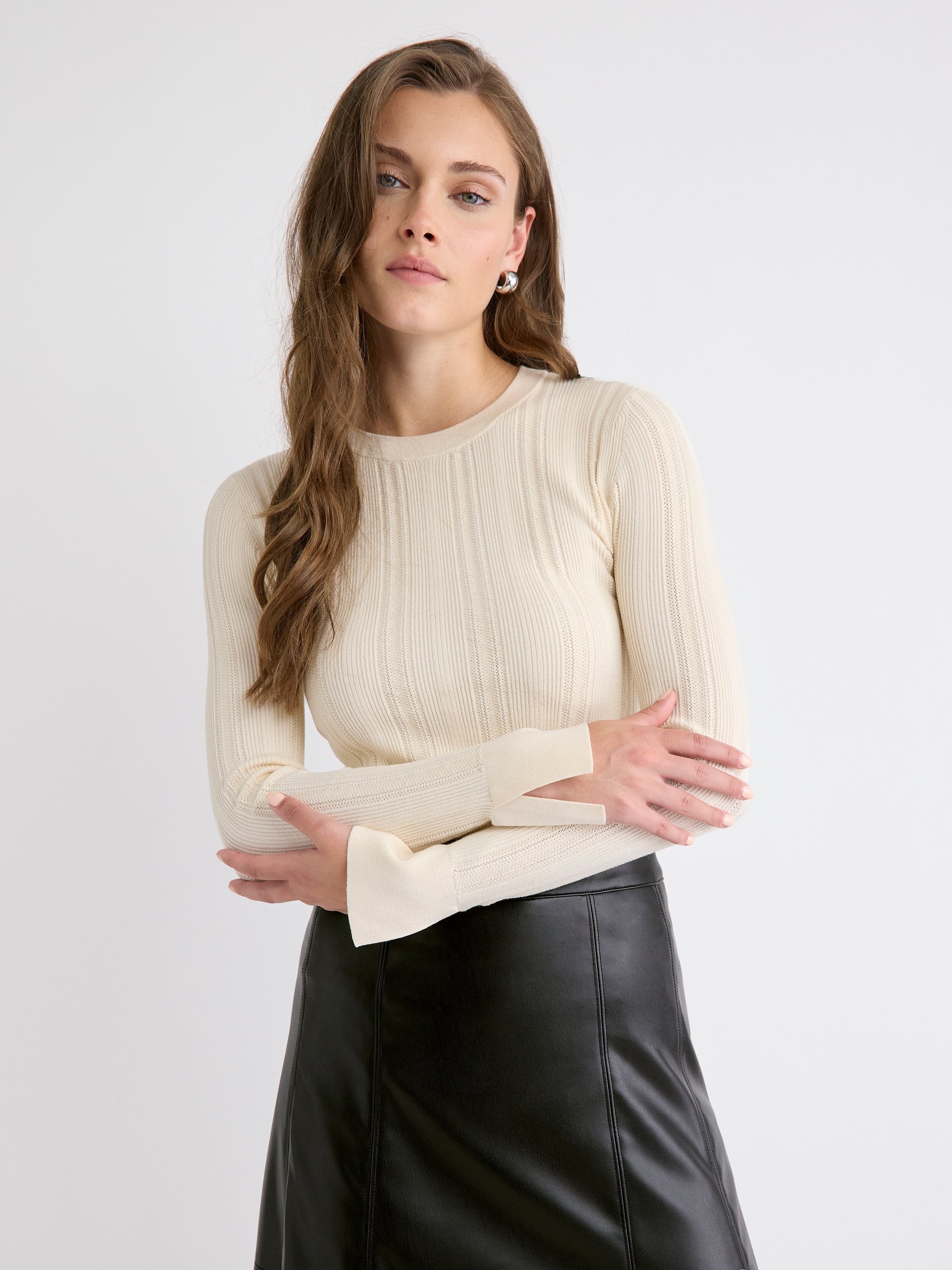 Long-Sleeve Crew-Neck Bodycon Top with Pointelle Stitches rw&co Great Value Deal