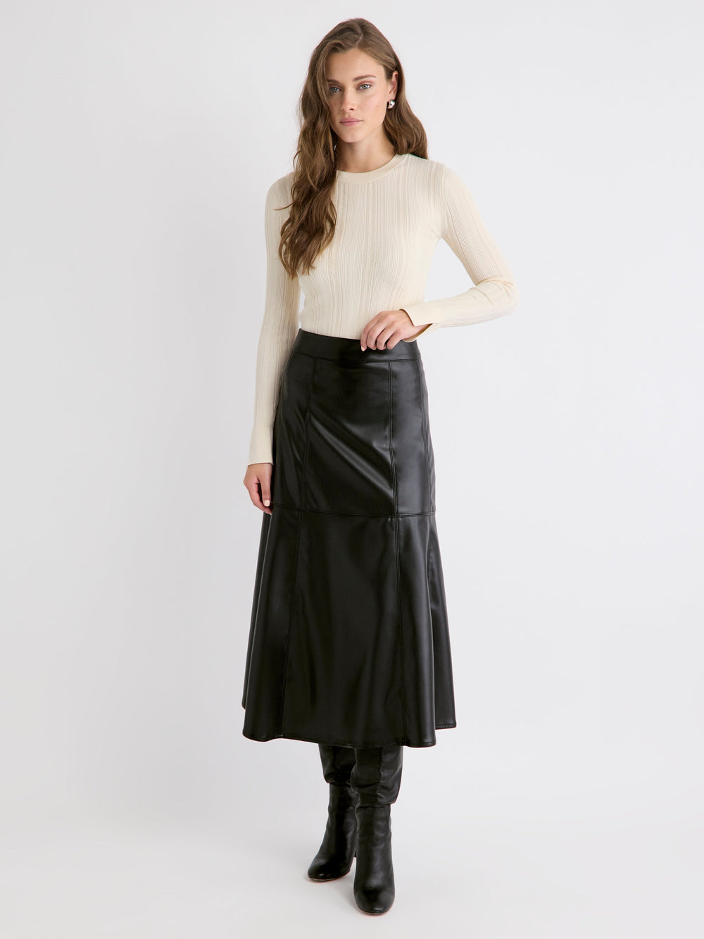 Long-Sleeve Crew-Neck Bodycon Top with Pointelle Stitches rw&co Great Value Deal