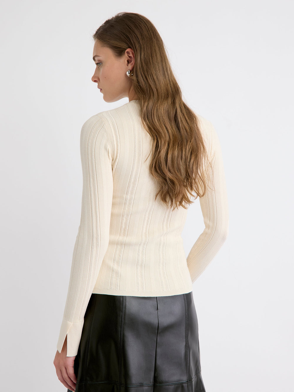 Long-Sleeve Crew-Neck Bodycon Top with Pointelle Stitches rw&co Great Value Deal