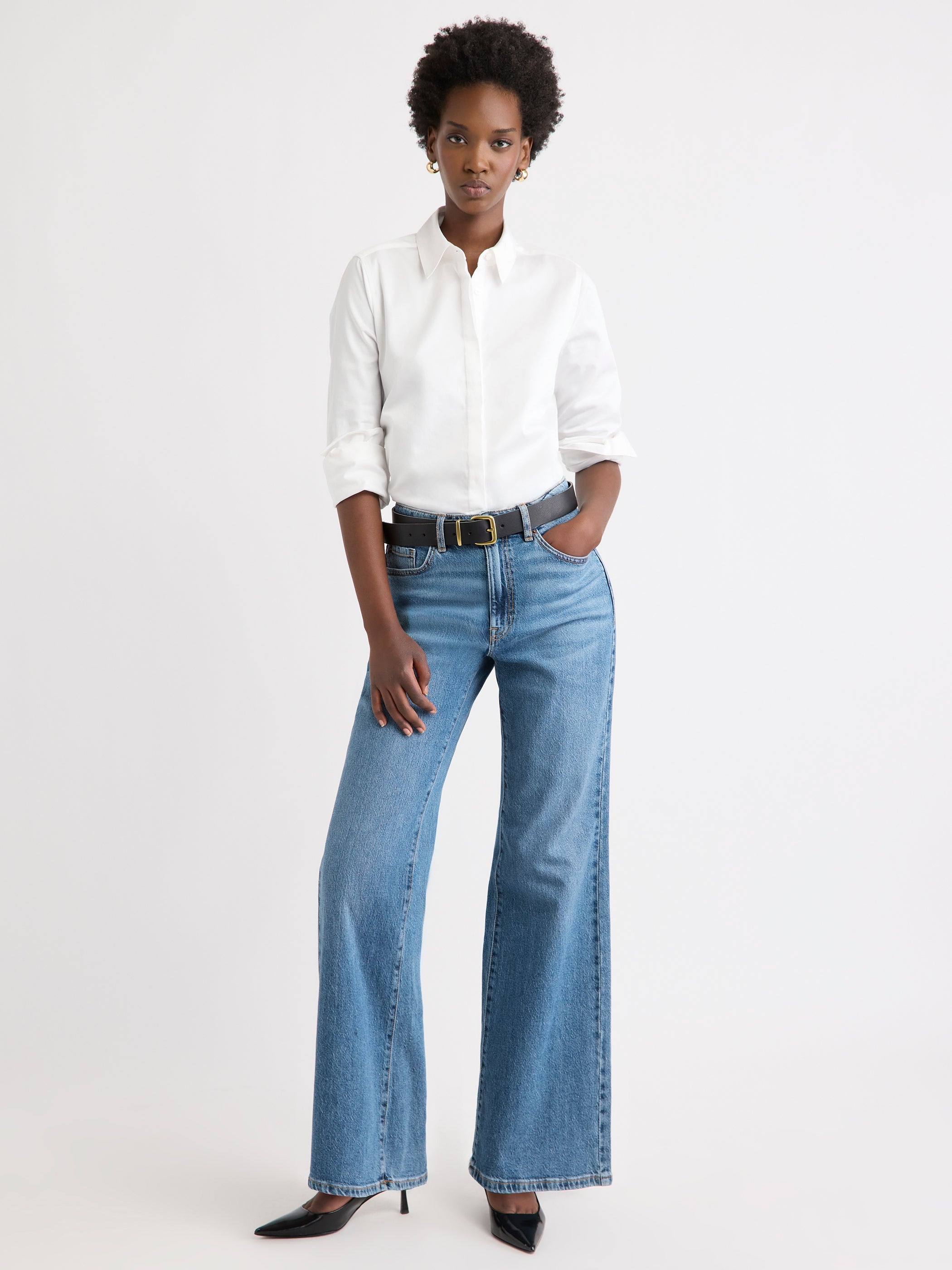 Fitted Long-Sleeve Poplin Blouse rw&co Special Offer