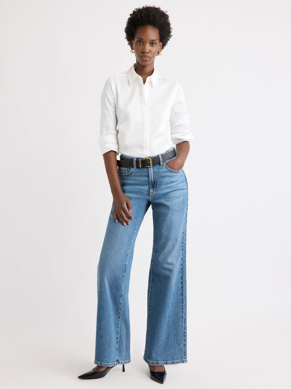 Fitted Long-Sleeve Poplin Blouse rw&co Special Offer