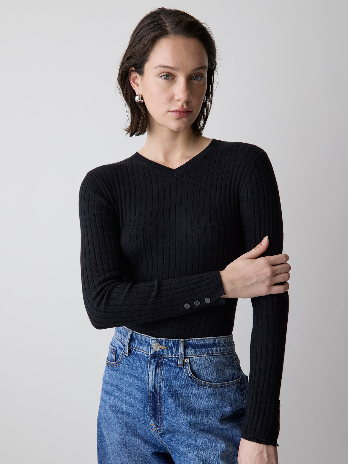 V-Neck Sweater with Buttons on Sleeves rw&co Special Promo Price