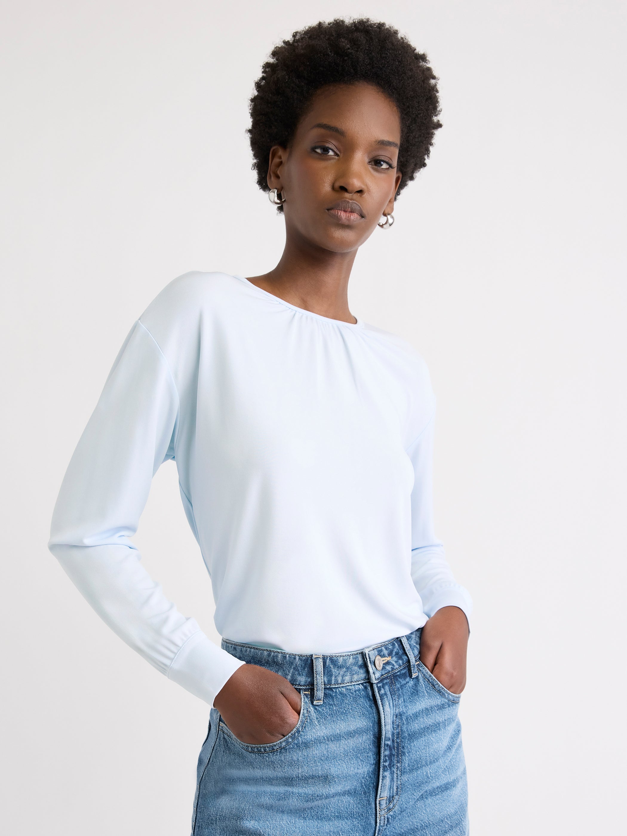 Long-Sleeve Top with Shirred Crew Neckline rw&co Great Value Deal