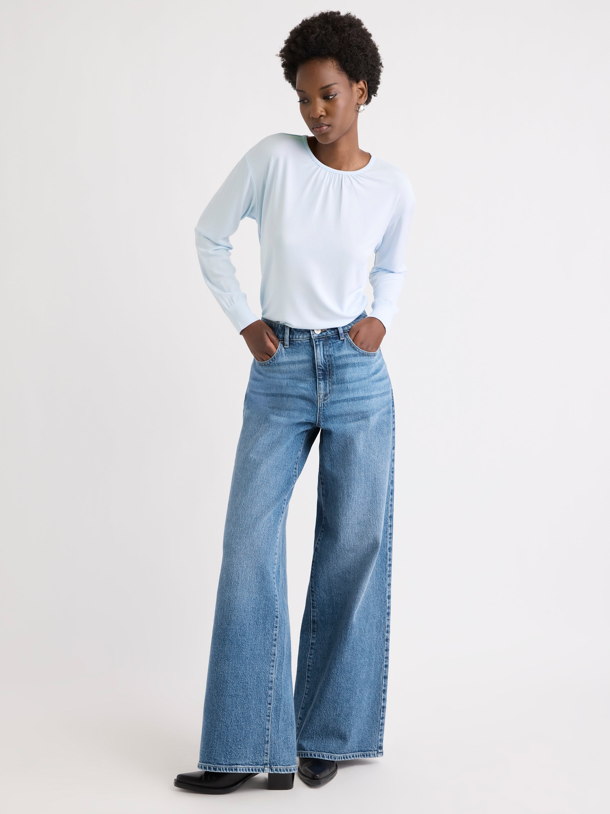 Long-Sleeve Top with Shirred Crew Neckline rw&co Great Value Deal