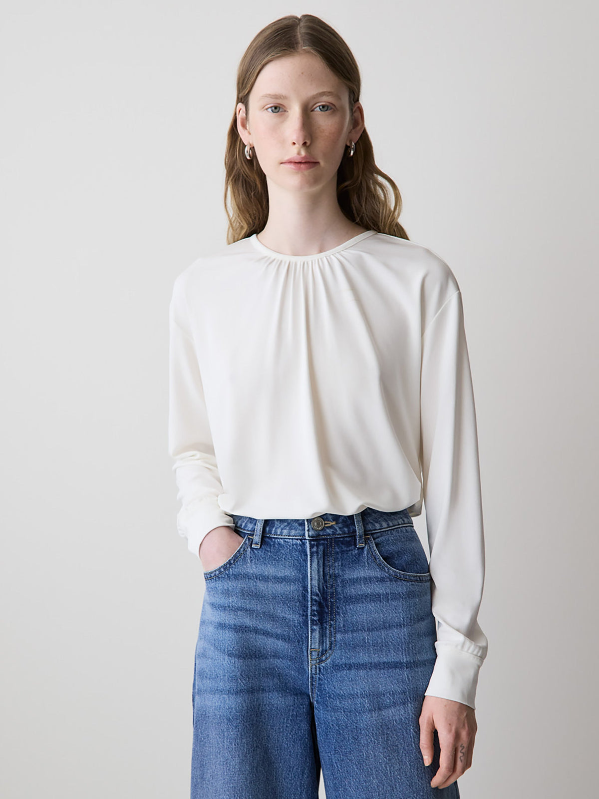 Long-Sleeve Top with Shirred Crew Neckline rw&co Great Value Deal